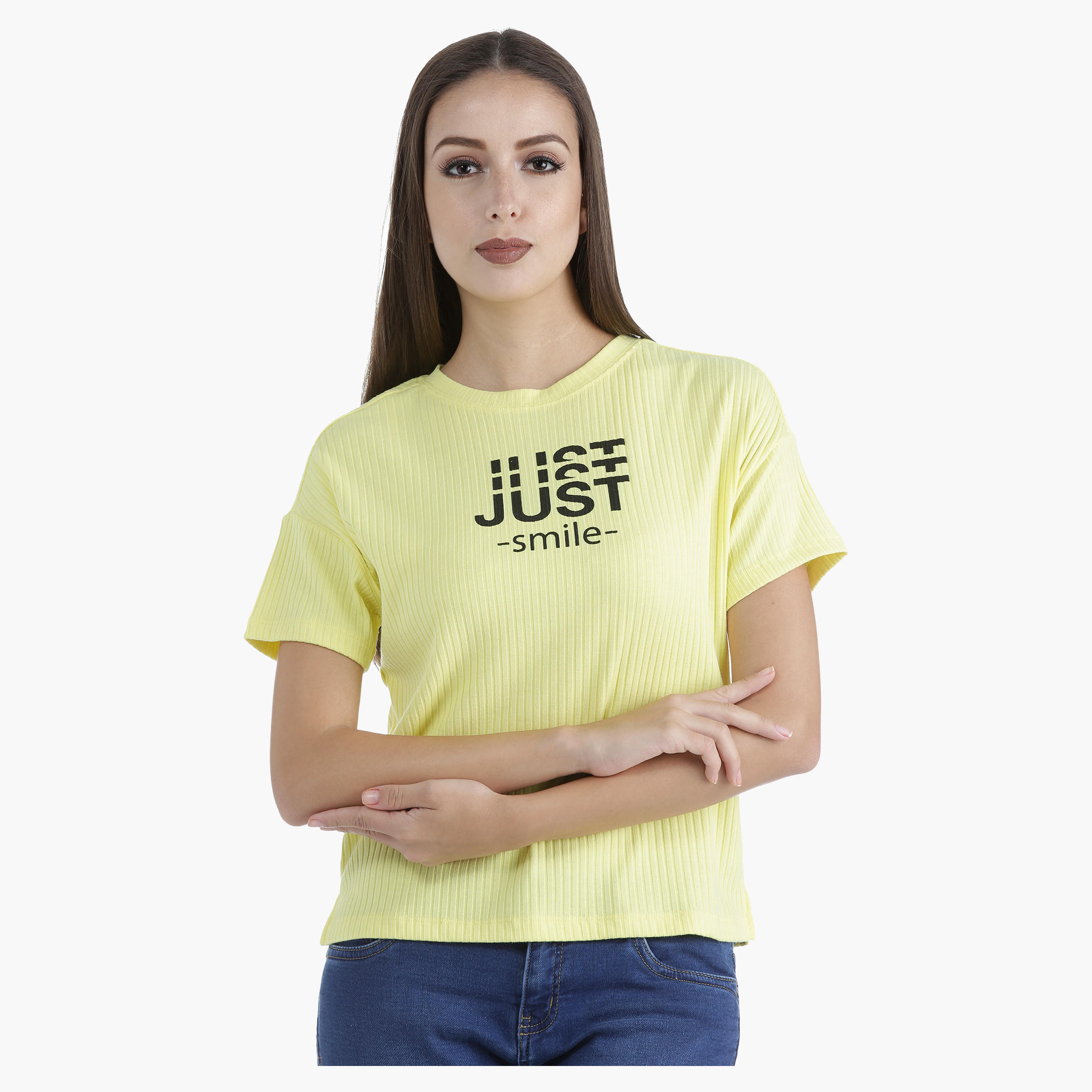 Graphic Ribbed T-Shirt with Round Neck and Short Sleeves in Regular Fit-women-clothing-tshirts-image-1