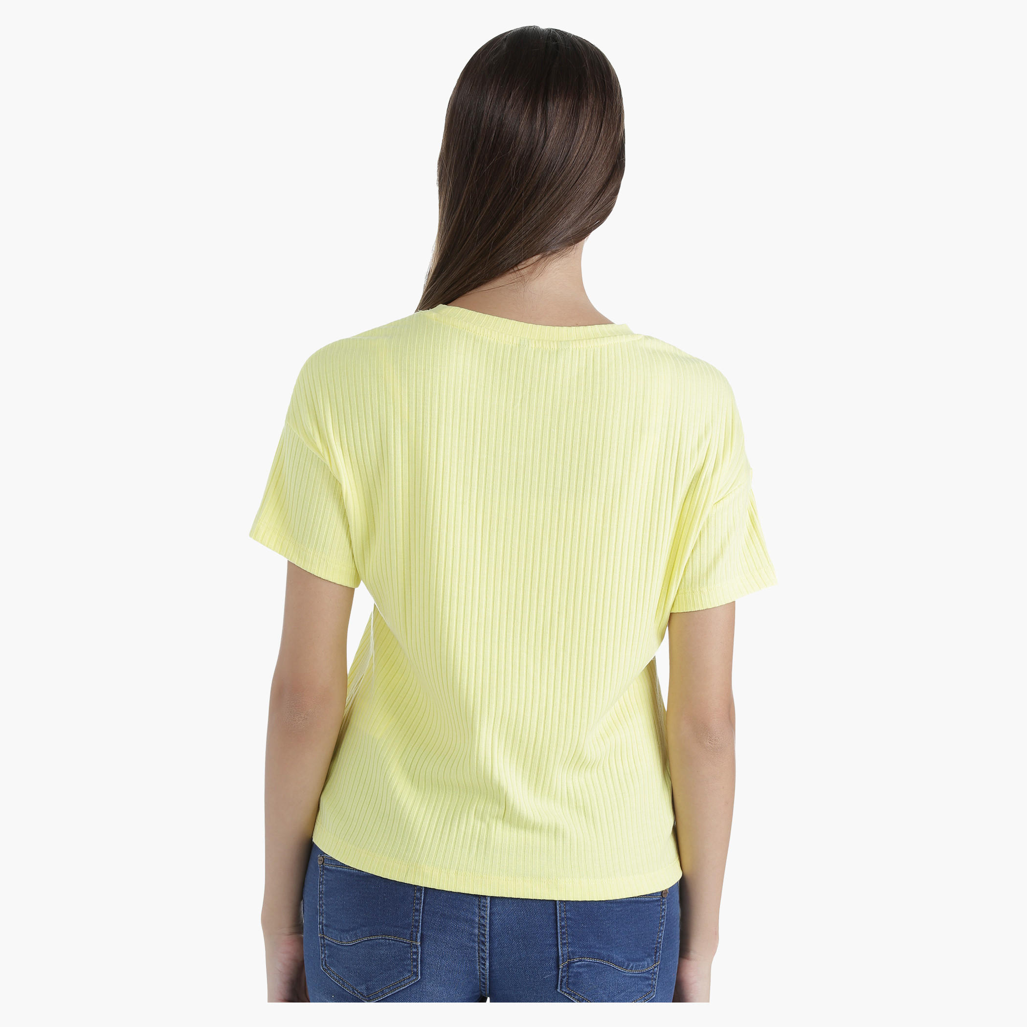 Graphic Ribbed T-Shirt with Round Neck and Short Sleeves in Regular Fit-women-clothing-tshirts-image-2