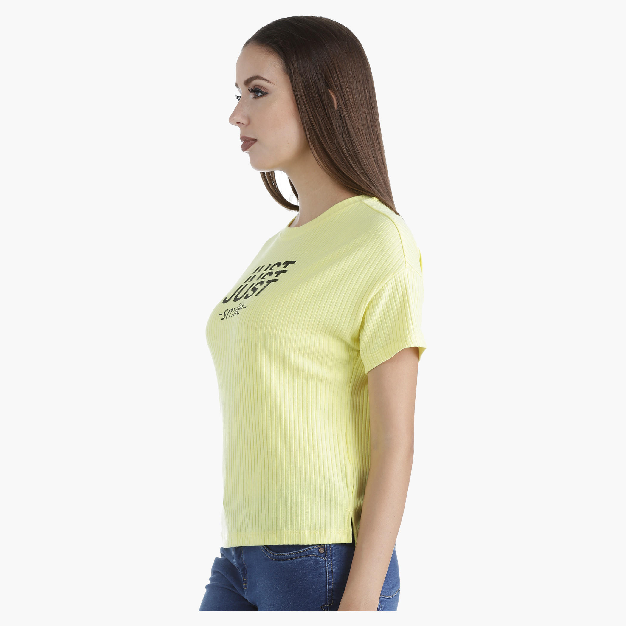 Graphic Ribbed T-Shirt with Round Neck and Short Sleeves in Regular Fit-women-clothing-tshirts-image-3