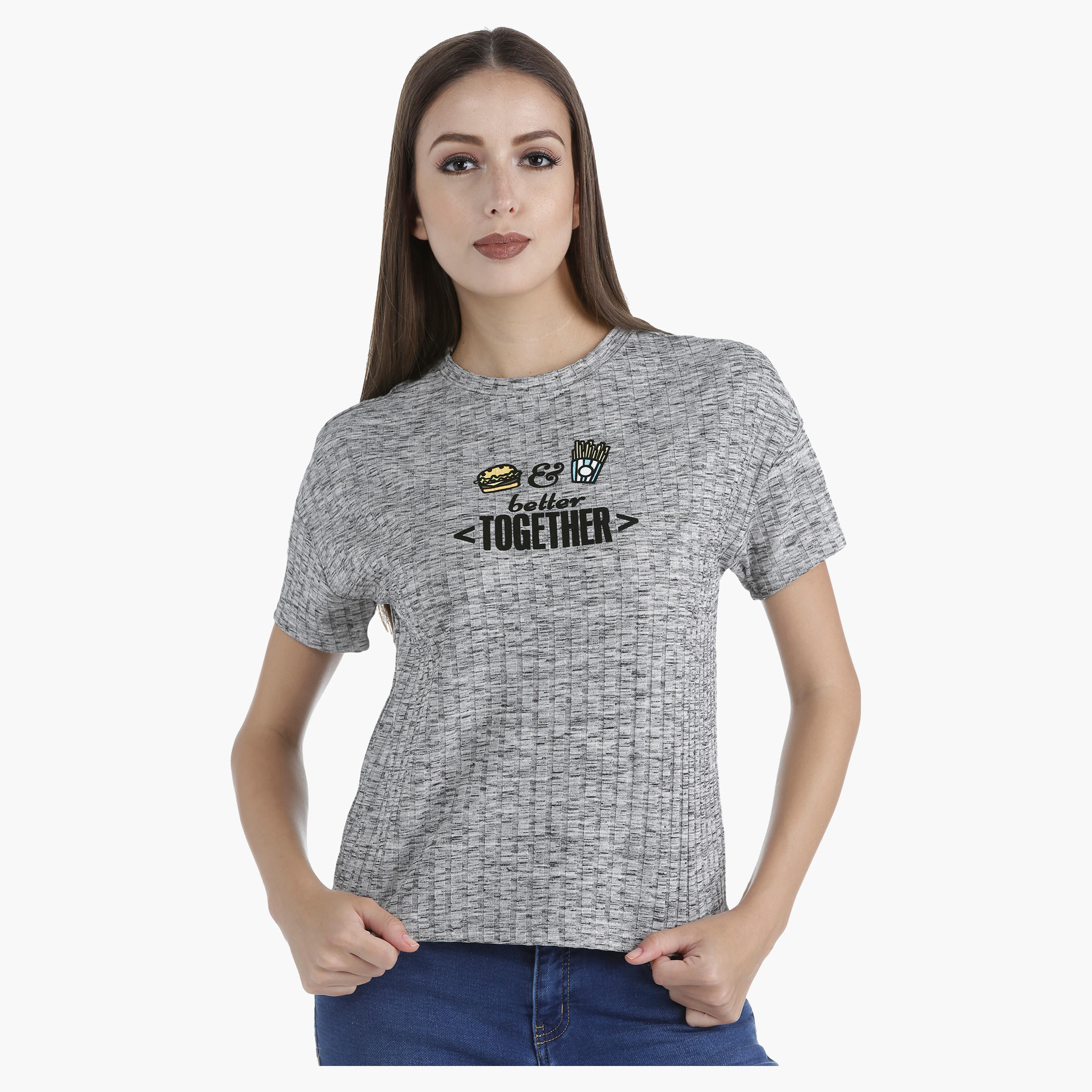 Graphic Ribbed T-Shirt with Round Neck and Short Sleeves in Regular Fit-women-clothing-tshirts-image-6