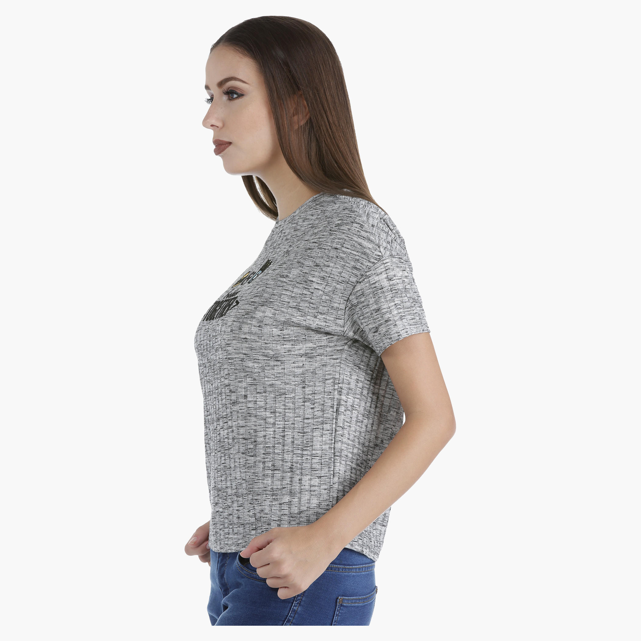 Graphic Ribbed T-Shirt with Round Neck and Short Sleeves in Regular Fit-women-clothing-tshirts-image-8