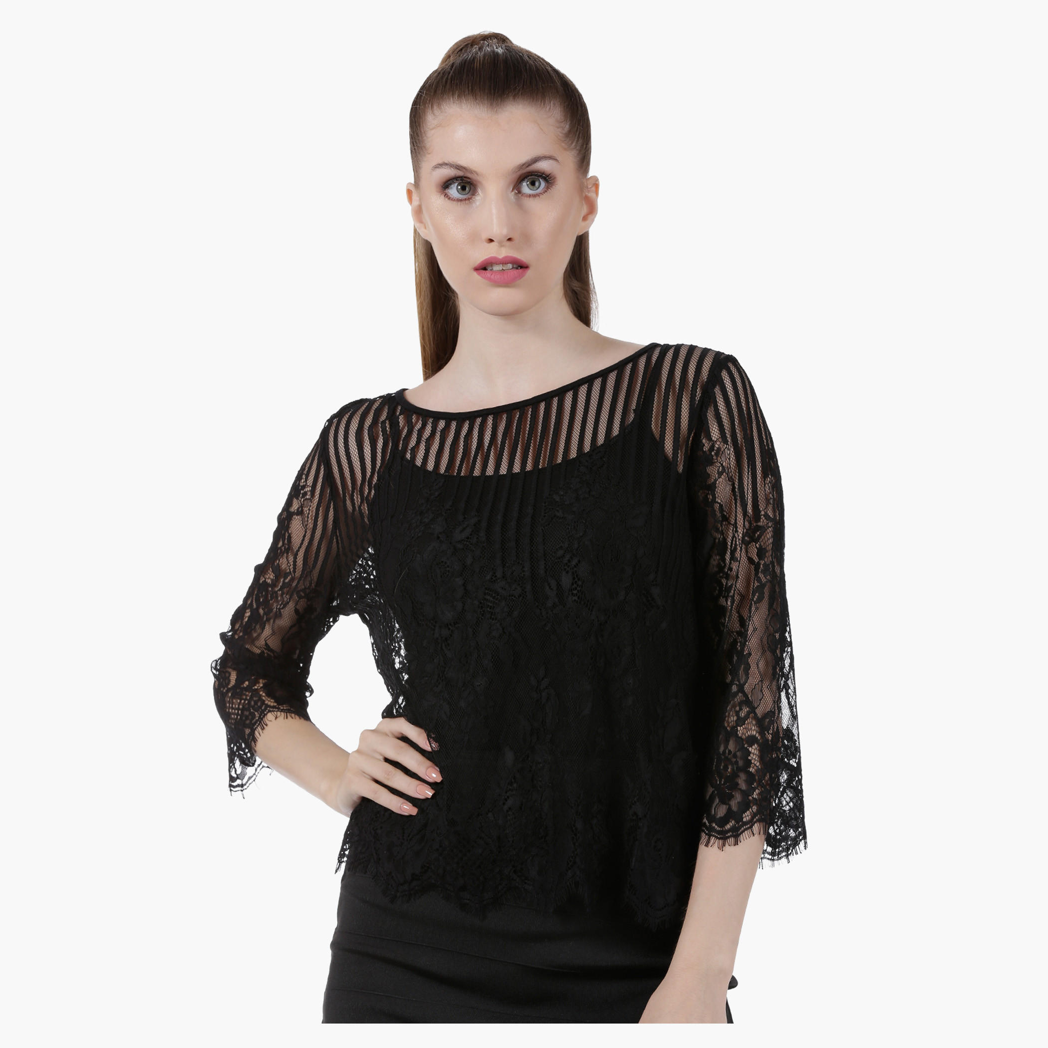 Sheer Lace Top with Round Neck and 3/4th Sleeves in Regular Fit-women-clothing-shirtsandblouses-blouses-image-1