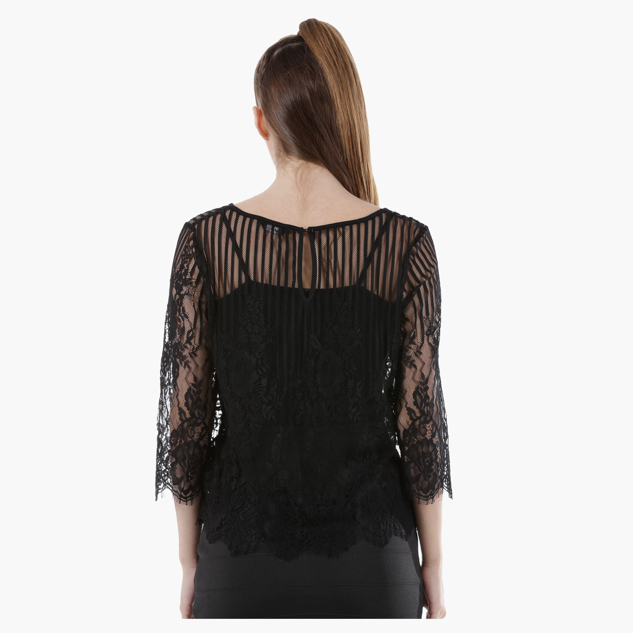 Sheer Lace Top with Round Neck and 3/4th Sleeves in Regular Fit-women-clothing-shirtsandblouses-blouses-image-2