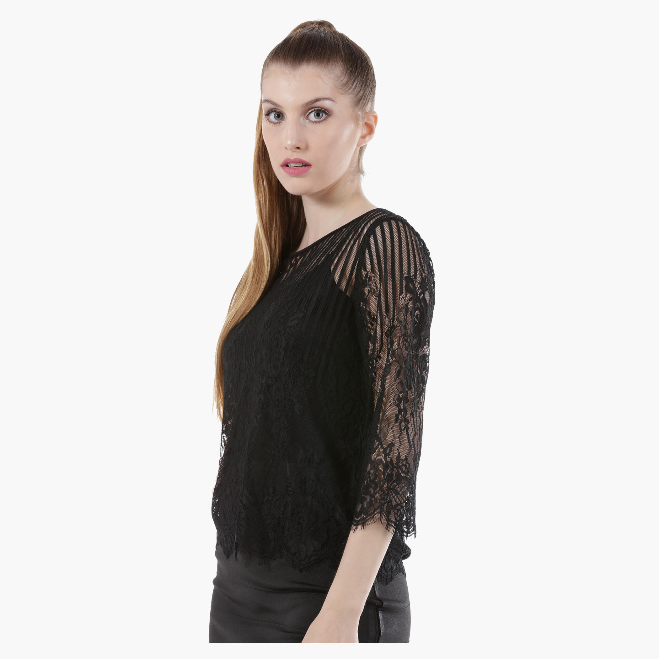 Sheer Lace Top with Round Neck and 3/4th Sleeves in Regular Fit-women-clothing-shirtsandblouses-blouses-image-3