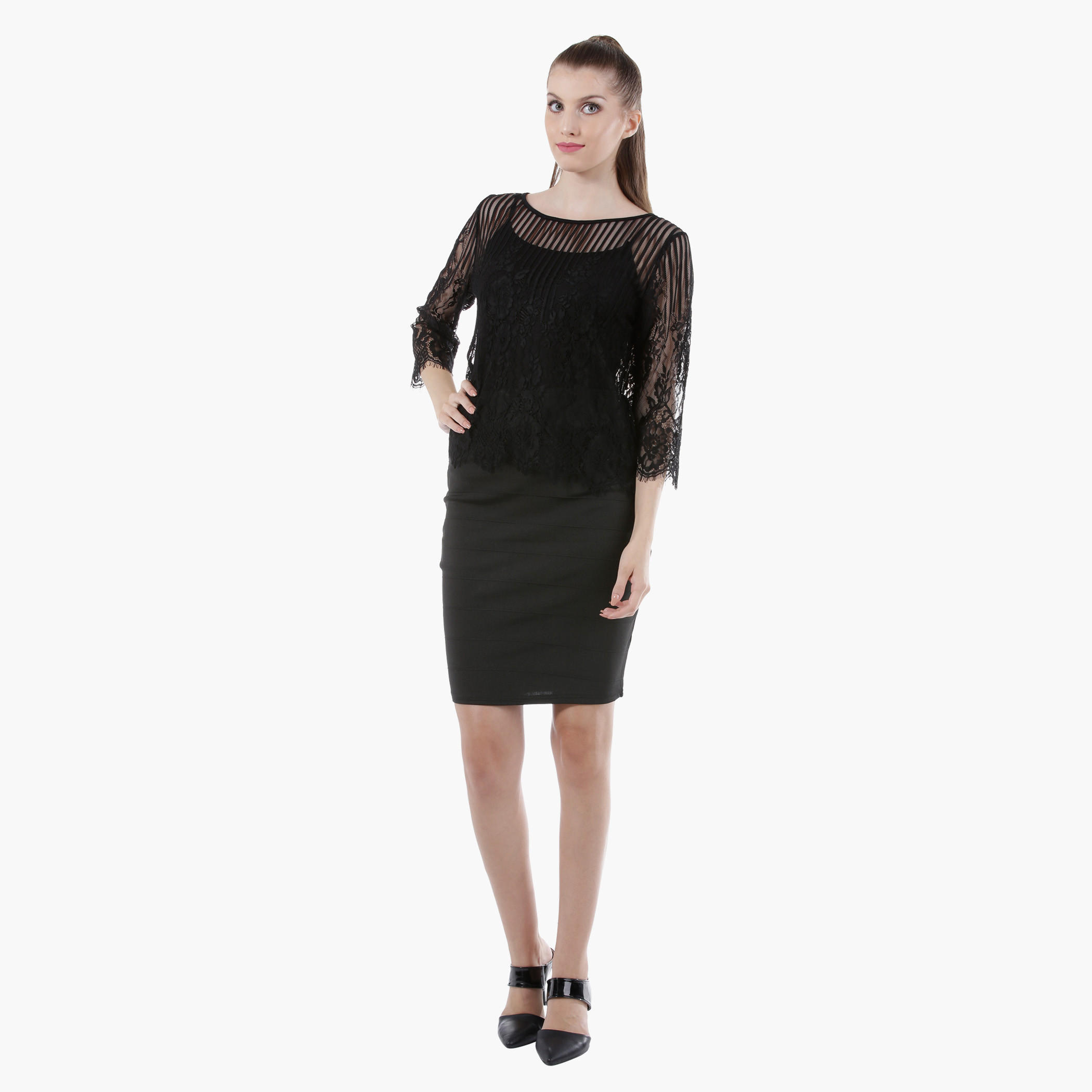 Sheer Lace Top with Round Neck and 3/4th Sleeves in Regular Fit-women-clothing-shirtsandblouses-blouses-image-5