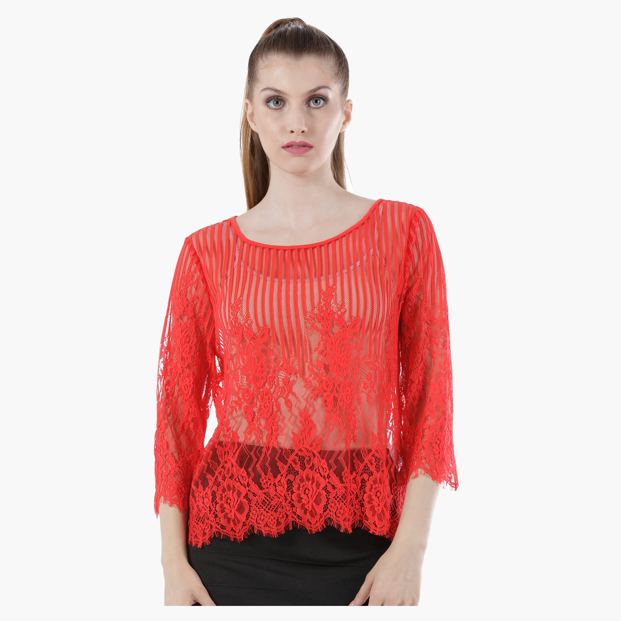 Sheer Lace Top with Round Neck and 3/4th Sleeves in Regular Fit-women-clothing-shirtsandblouses-blouses-image-6