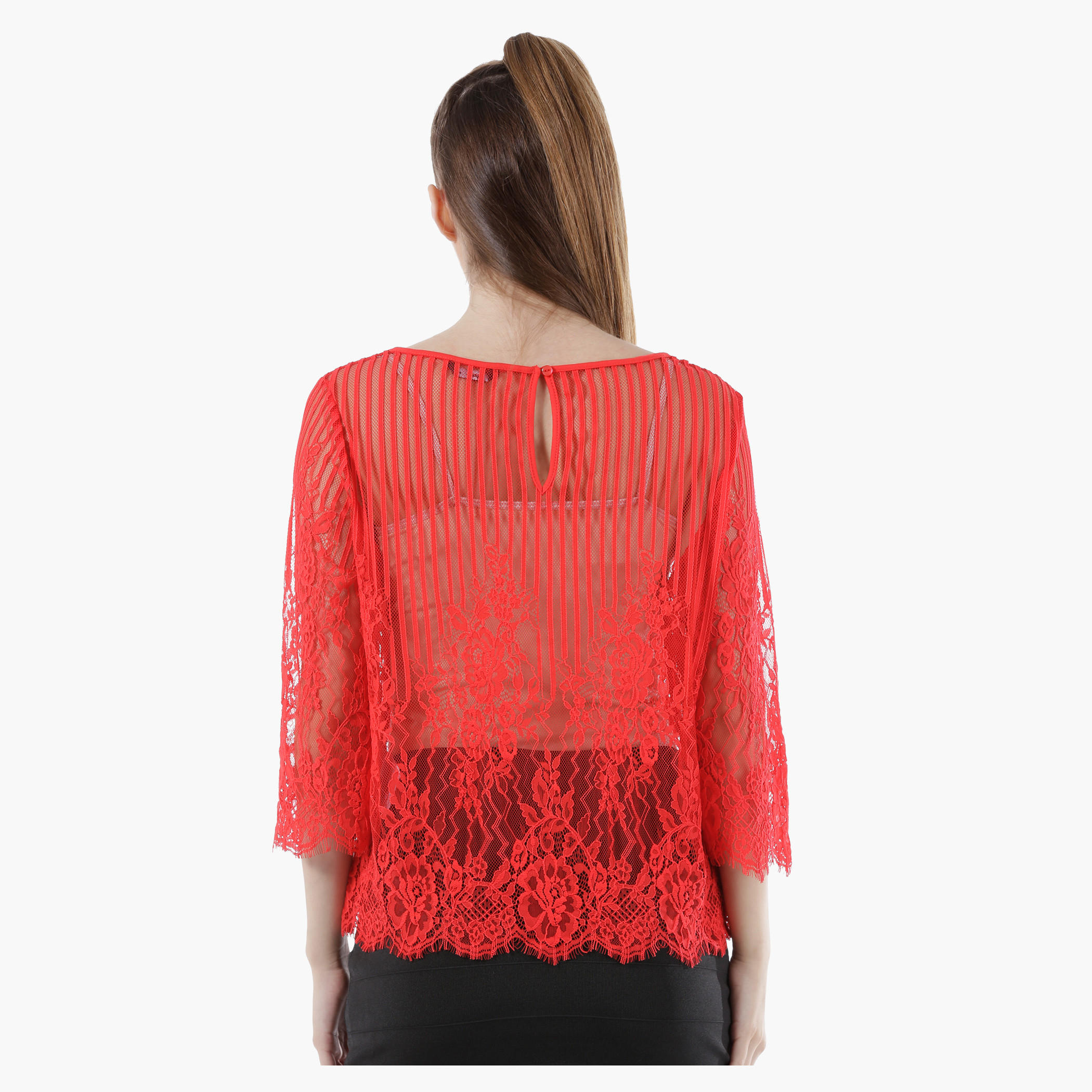 Sheer Lace Top with Round Neck and 3/4th Sleeves in Regular Fit-women-clothing-shirtsandblouses-blouses-image-7