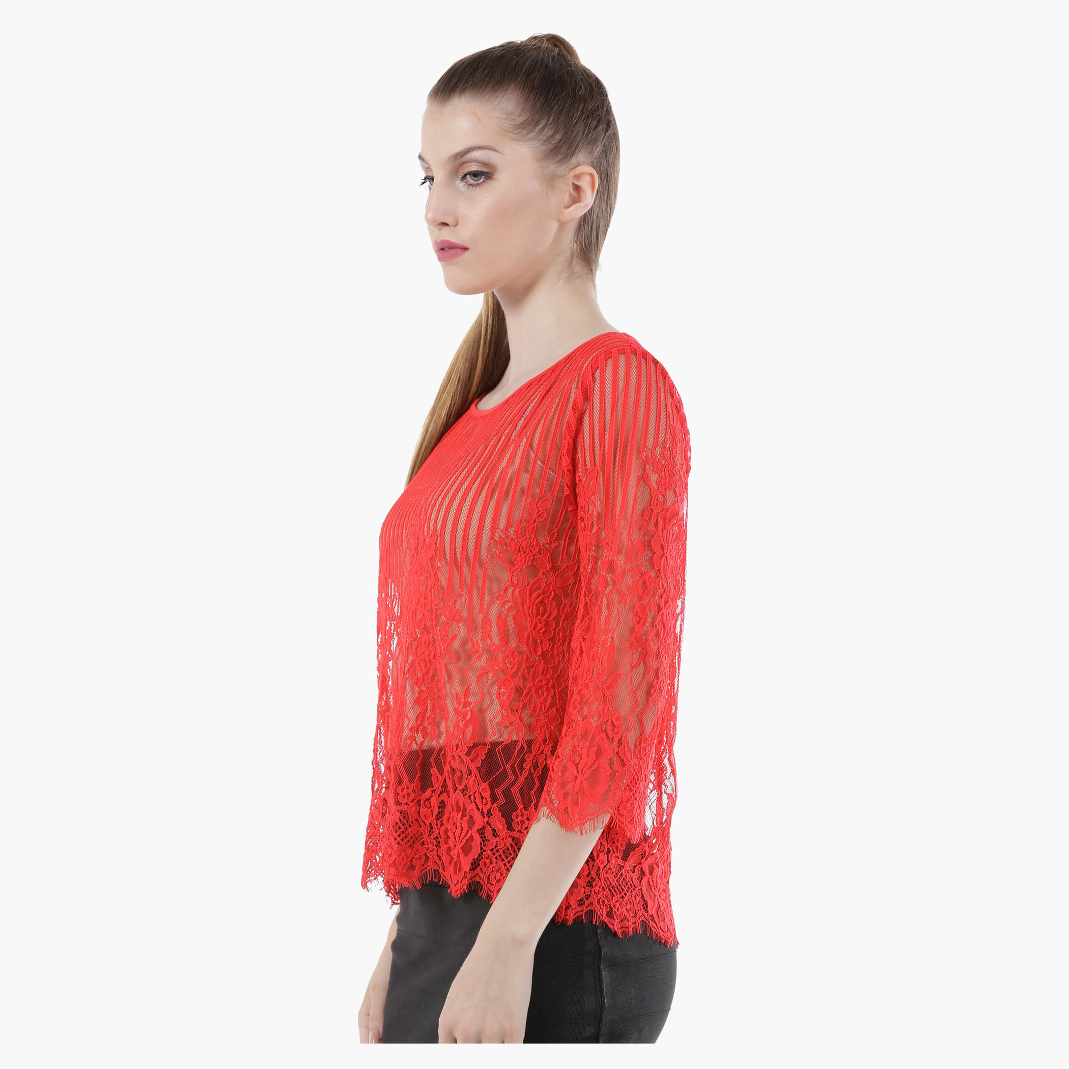 Sheer Lace Top with Round Neck and 3/4th Sleeves in Regular Fit-women-clothing-shirtsandblouses-blouses-image-8