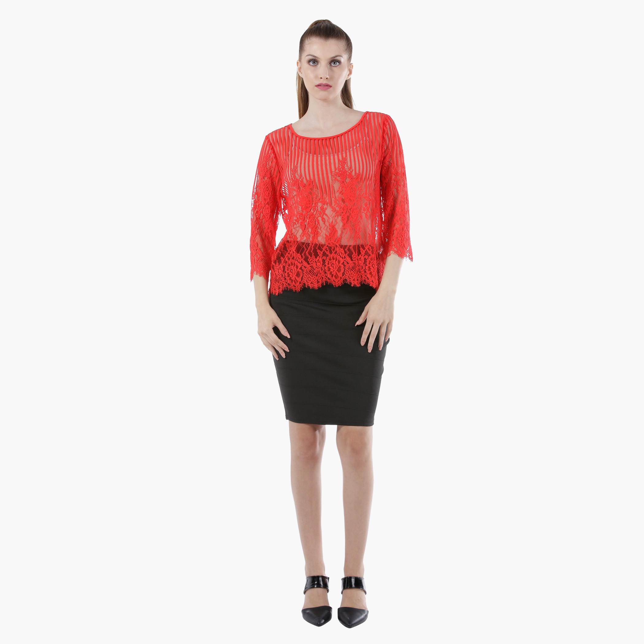 Sheer Lace Top with Round Neck and 3/4th Sleeves in Regular Fit-women-clothing-shirtsandblouses-blouses-image-10
