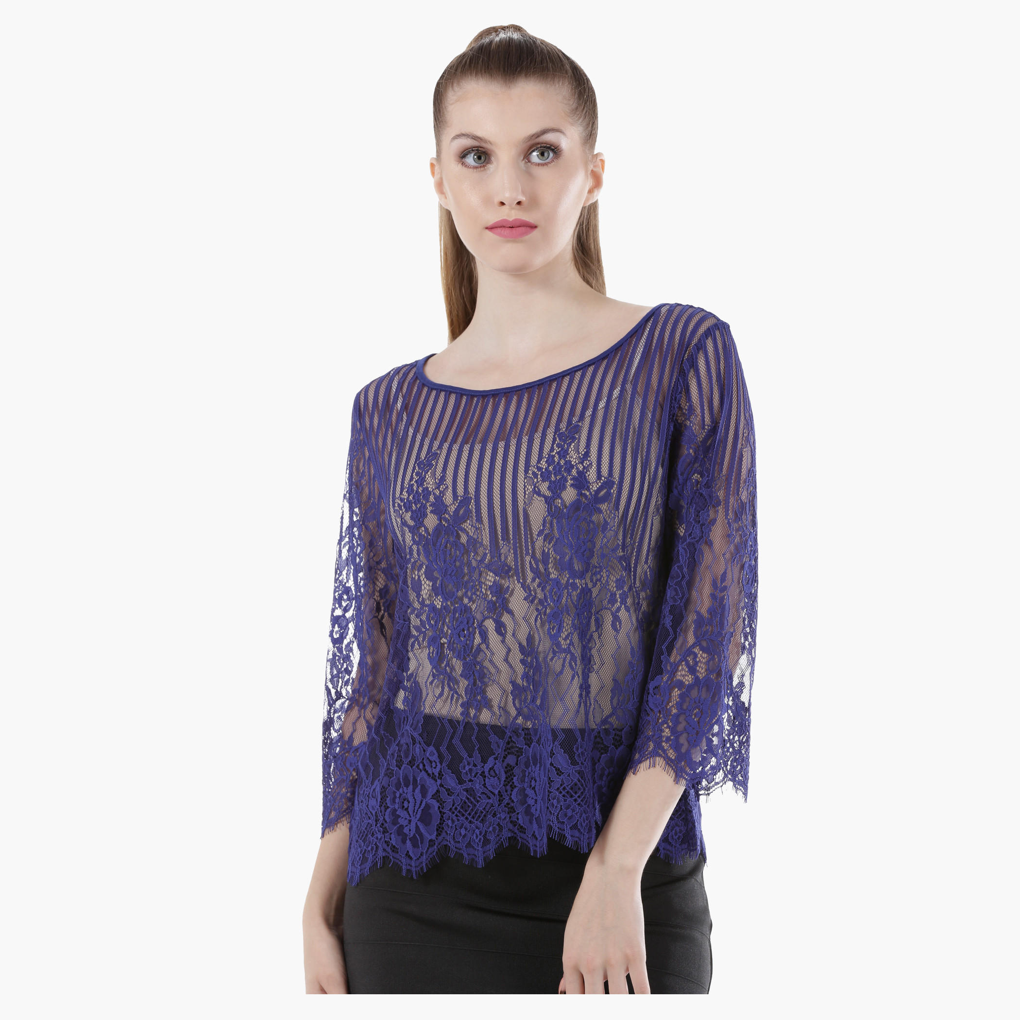 Sheer Lace Top with Round Neck and 3/4th Sleeves in Regular Fit-women-clothing-shirtsandblouses-blouses-image-11