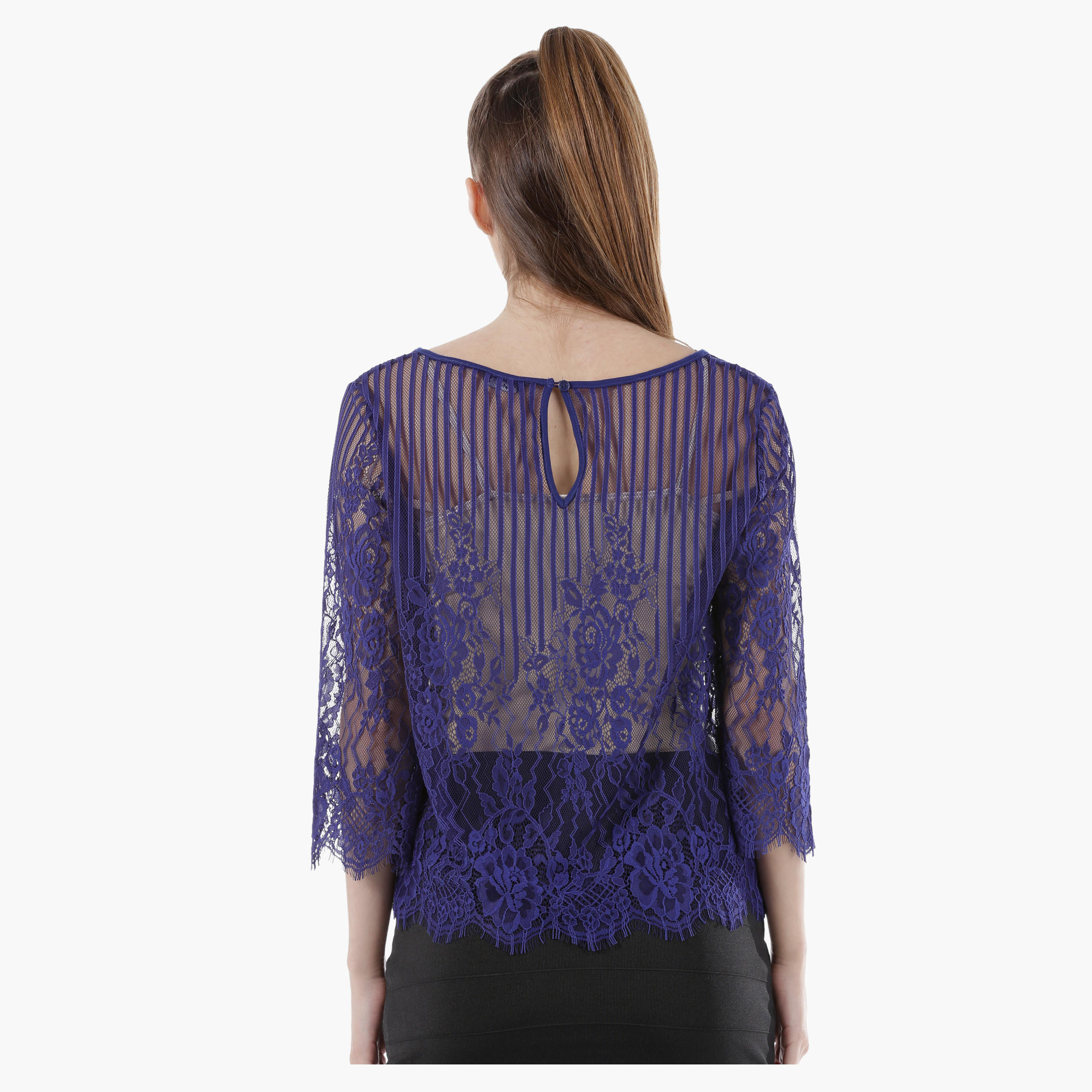 Sheer Lace Top with Round Neck and 3/4th Sleeves in Regular Fit-women-clothing-shirtsandblouses-blouses-image-12