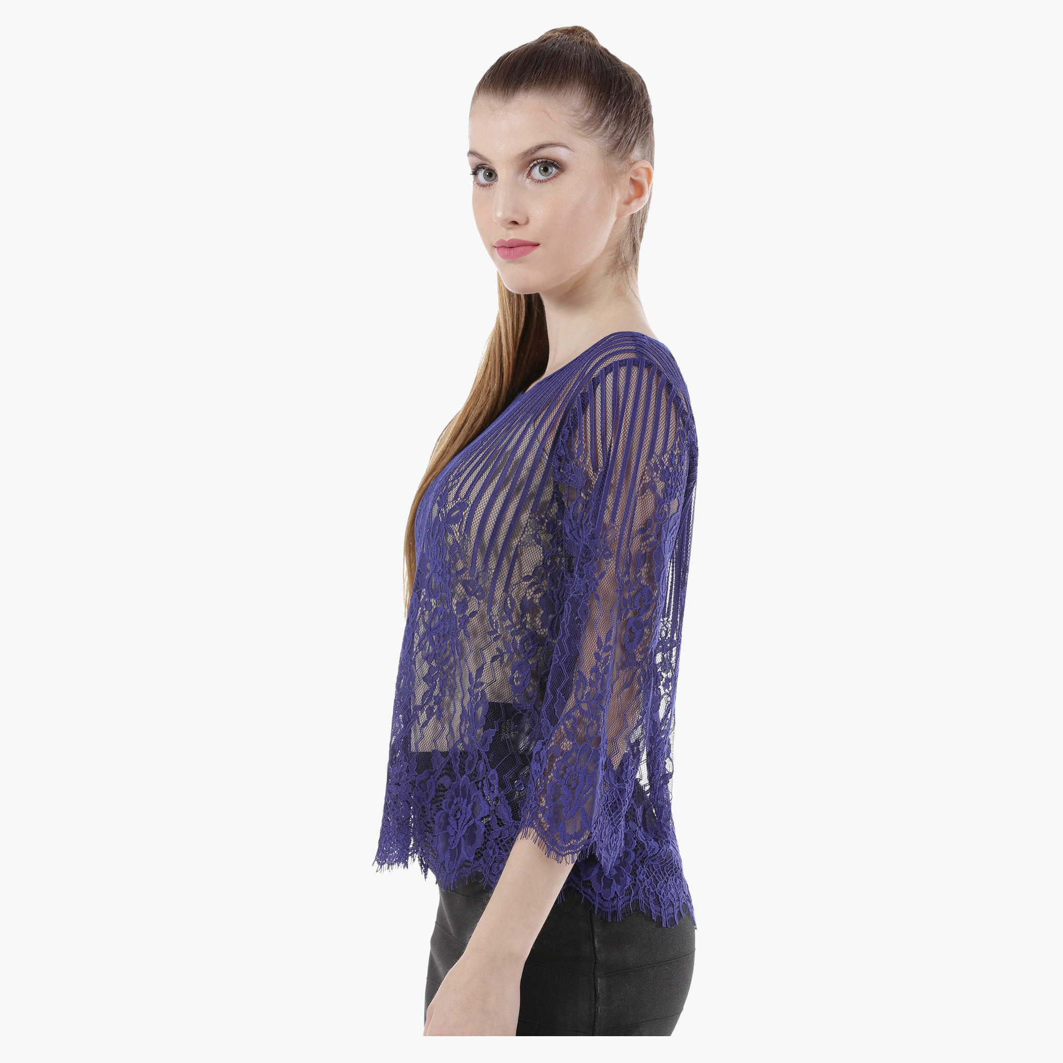 Sheer Lace Top with Round Neck and 3/4th Sleeves in Regular Fit-women-clothing-shirtsandblouses-blouses-image-13