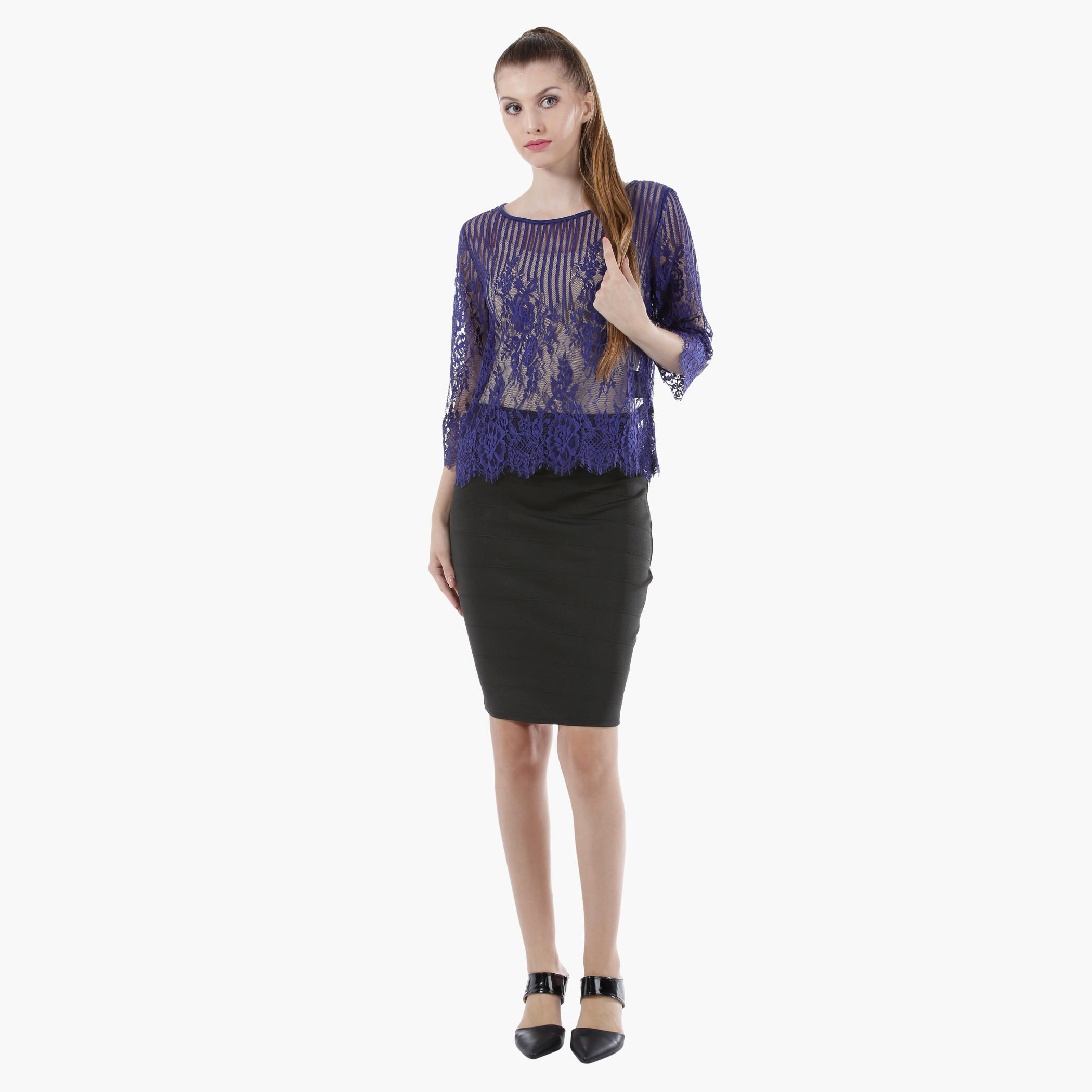 Sheer Lace Top with Round Neck and 3/4th Sleeves in Regular Fit-women-clothing-shirtsandblouses-blouses-image-15