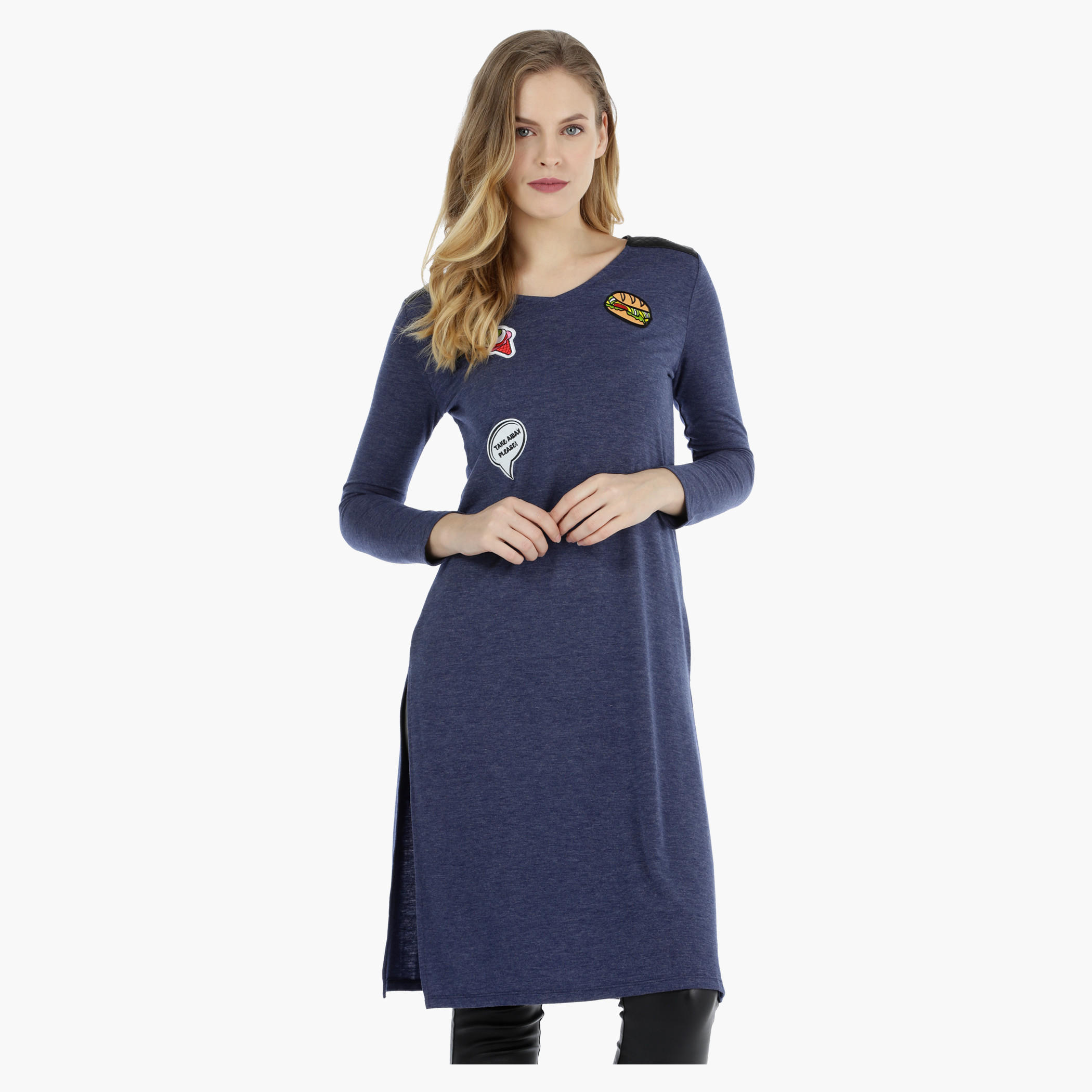 V-neck Tunic Top with PU Panel-women-clothing-shirtsandblouses-blouses-image-1