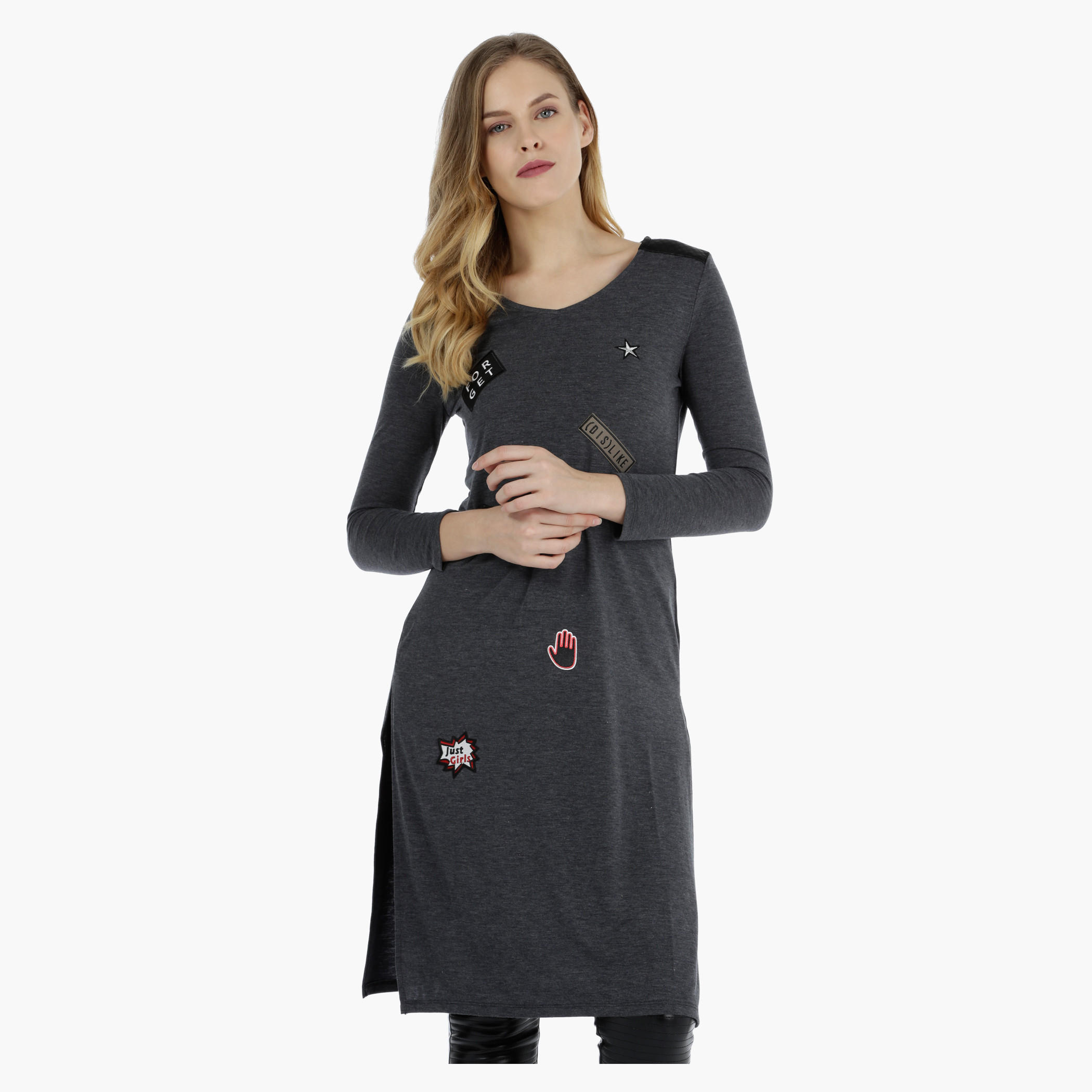V-neck Tunic Top with PU Panel-women-clothing-shirtsandblouses-blouses-image-1