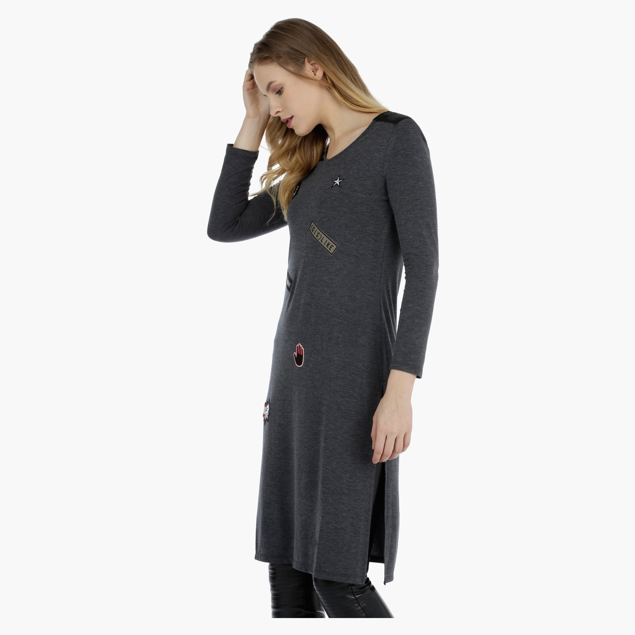 V-neck Tunic Top with PU Panel-women-clothing-shirtsandblouses-blouses-image-3