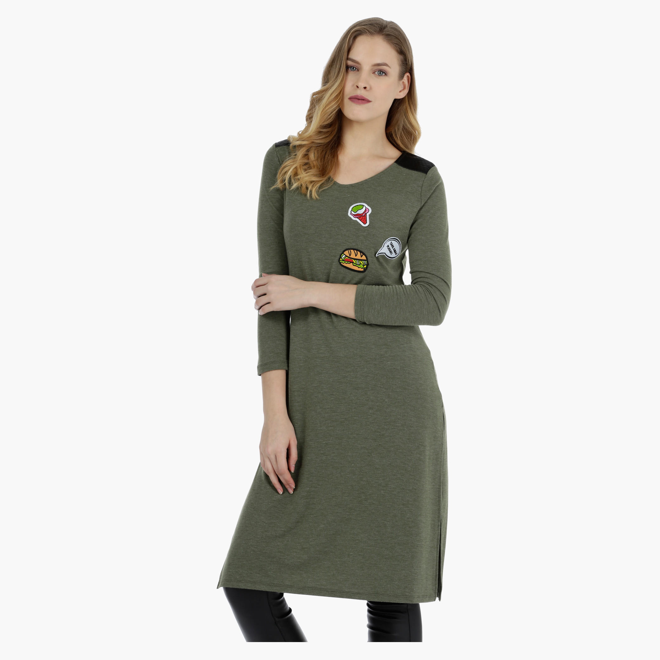 V-neck Tunic Top with PU Panel-women-clothing-shirtsandblouses-blouses-image-1