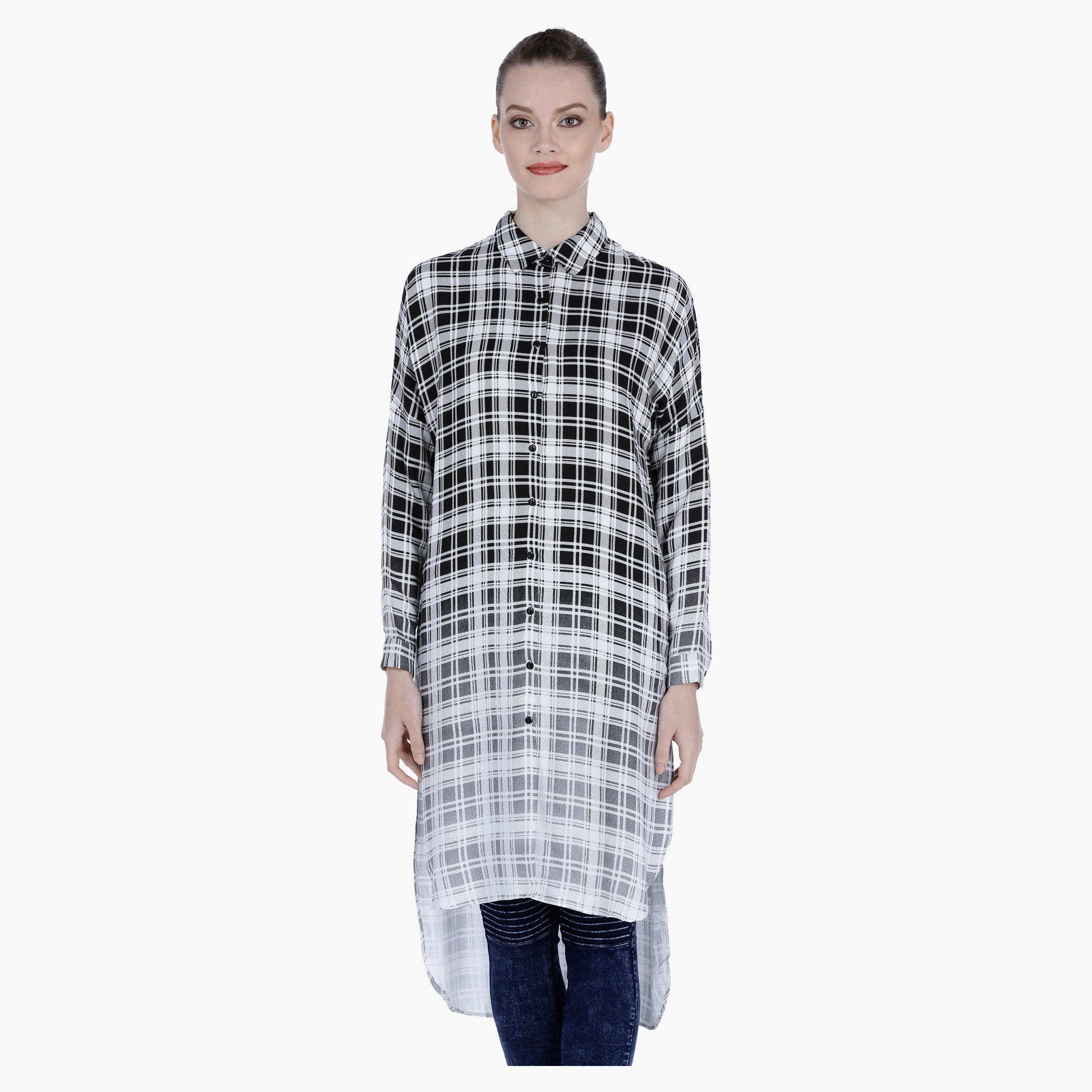 Chequered Shirt Dress with High Low Hem-women-clothing-shirtsandblouses-blouses-image-1