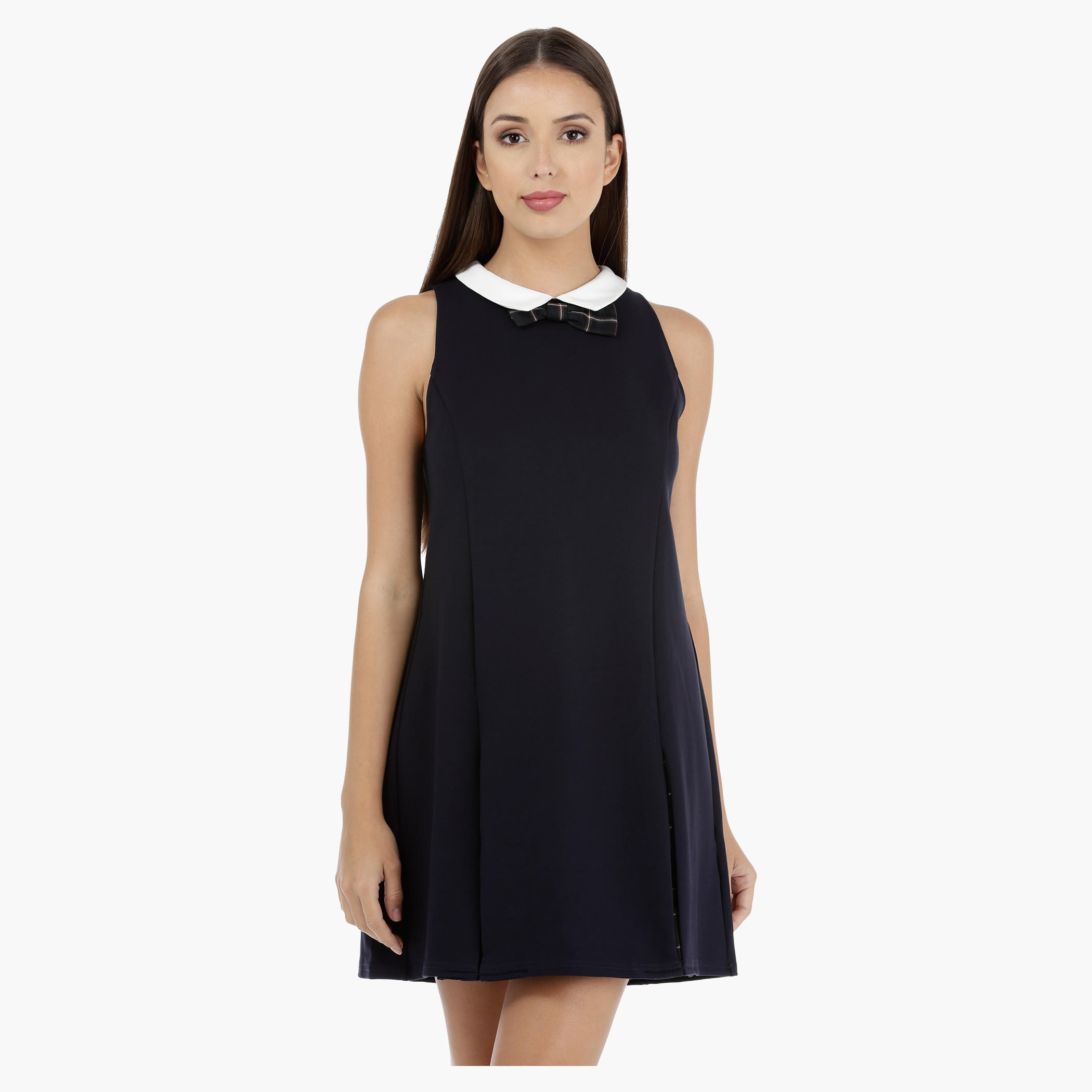 Sleeveless Mini Shift Dress with Chequered Bow-women-clothing-dresses-image-1