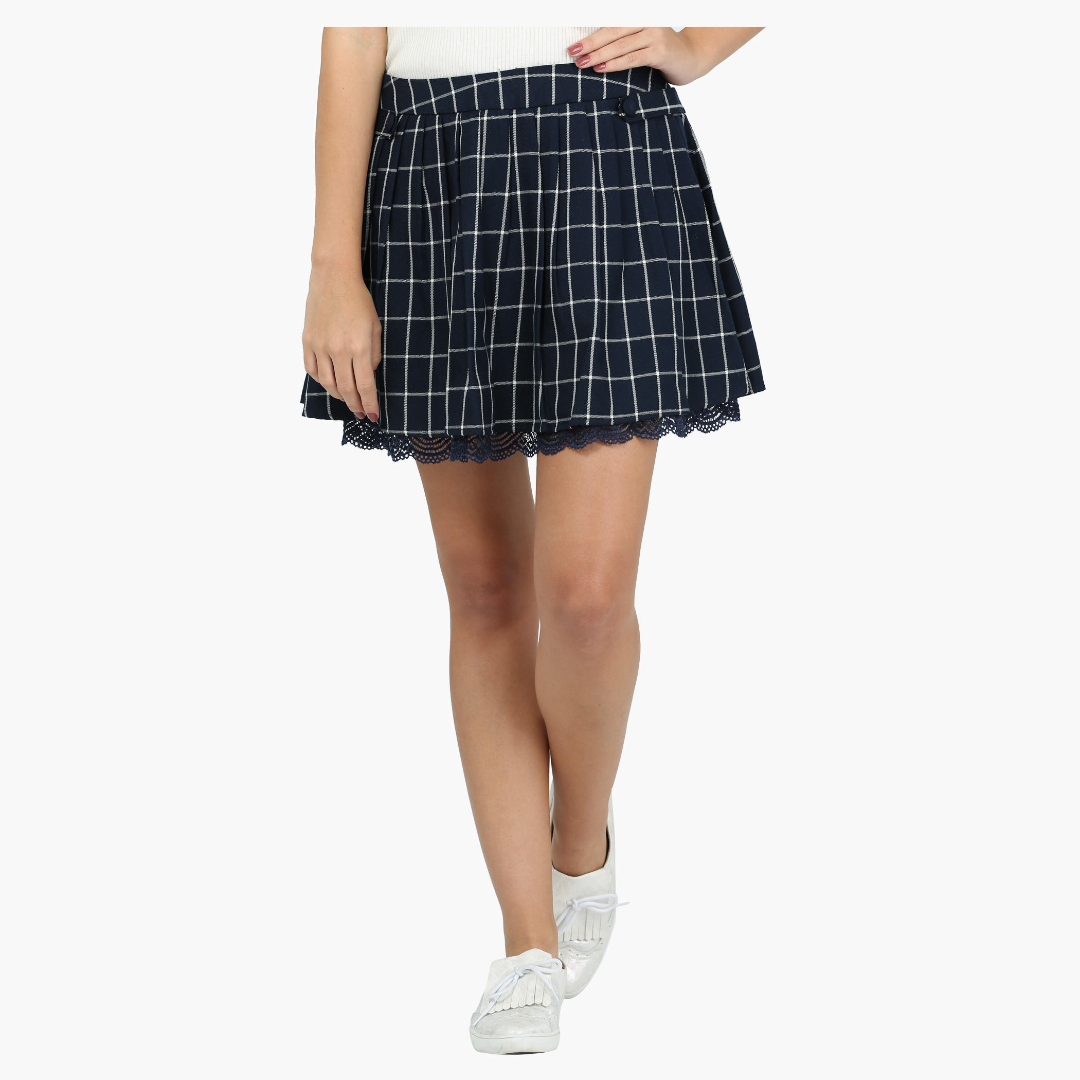 Chequered Mini Skater Skirt with Lace Hem-women-clothing-bottoms-skirts-image-1
