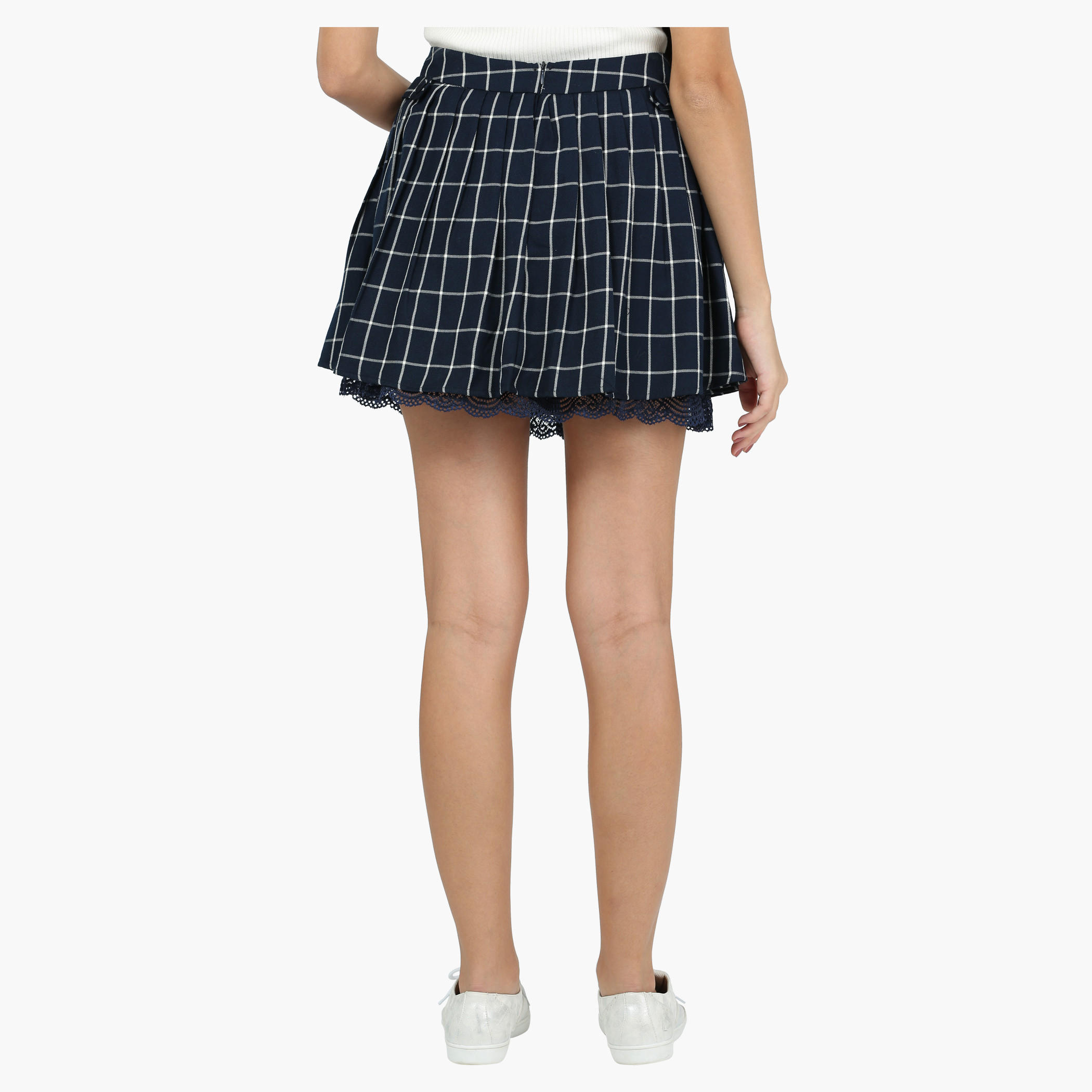 Chequered Mini Skater Skirt with Lace Hem-women-clothing-bottoms-skirts-image-2