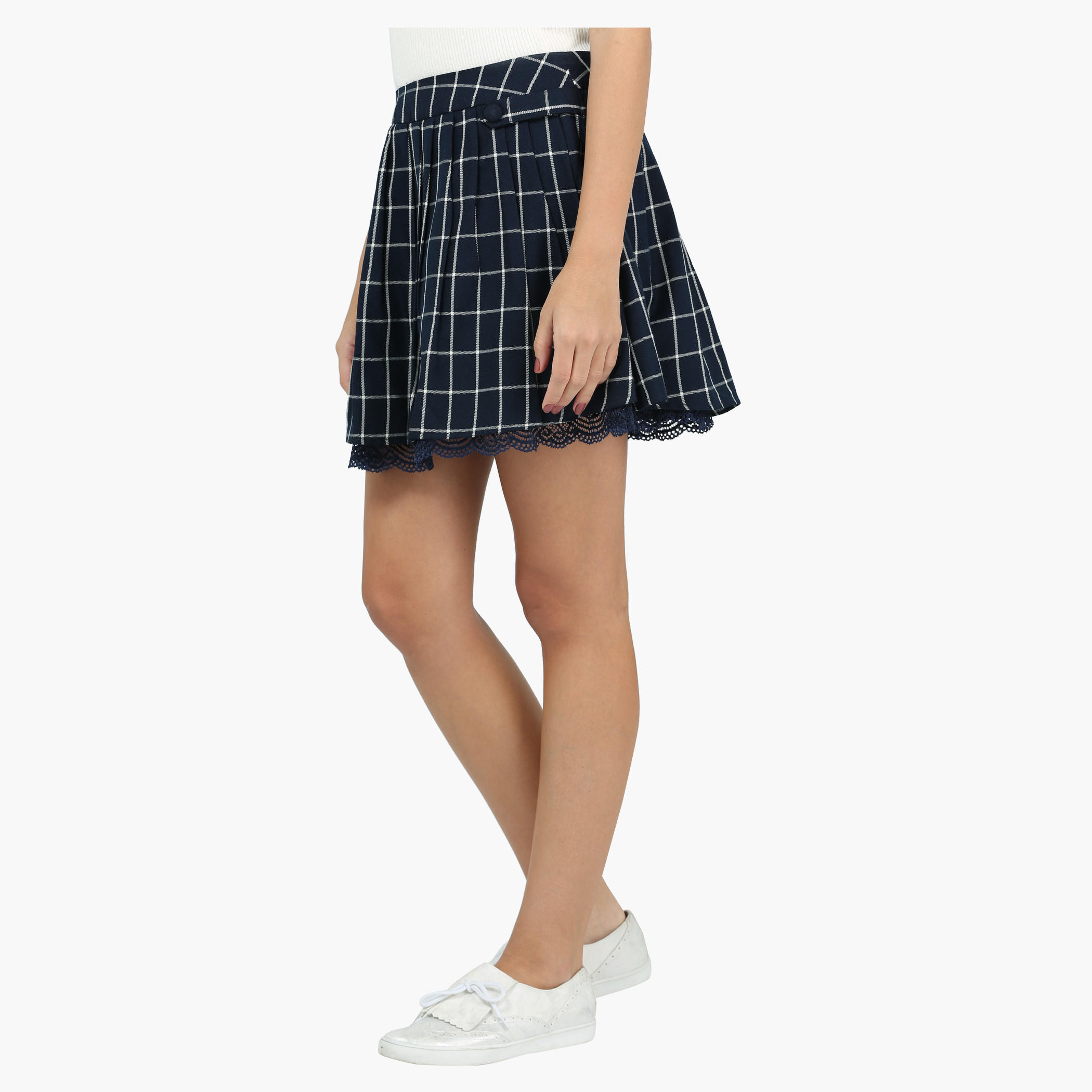 Chequered Mini Skater Skirt with Lace Hem-women-clothing-bottoms-skirts-image-3