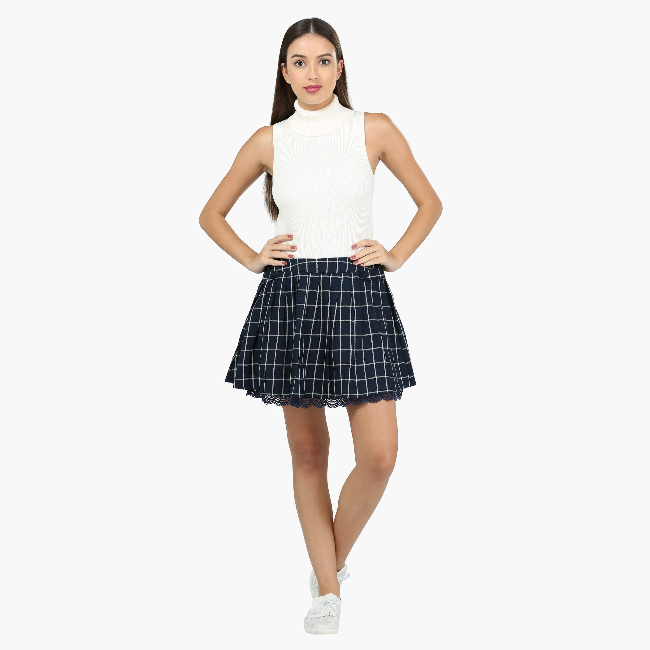 Chequered Mini Skater Skirt with Lace Hem-women-clothing-bottoms-skirts-image-5
