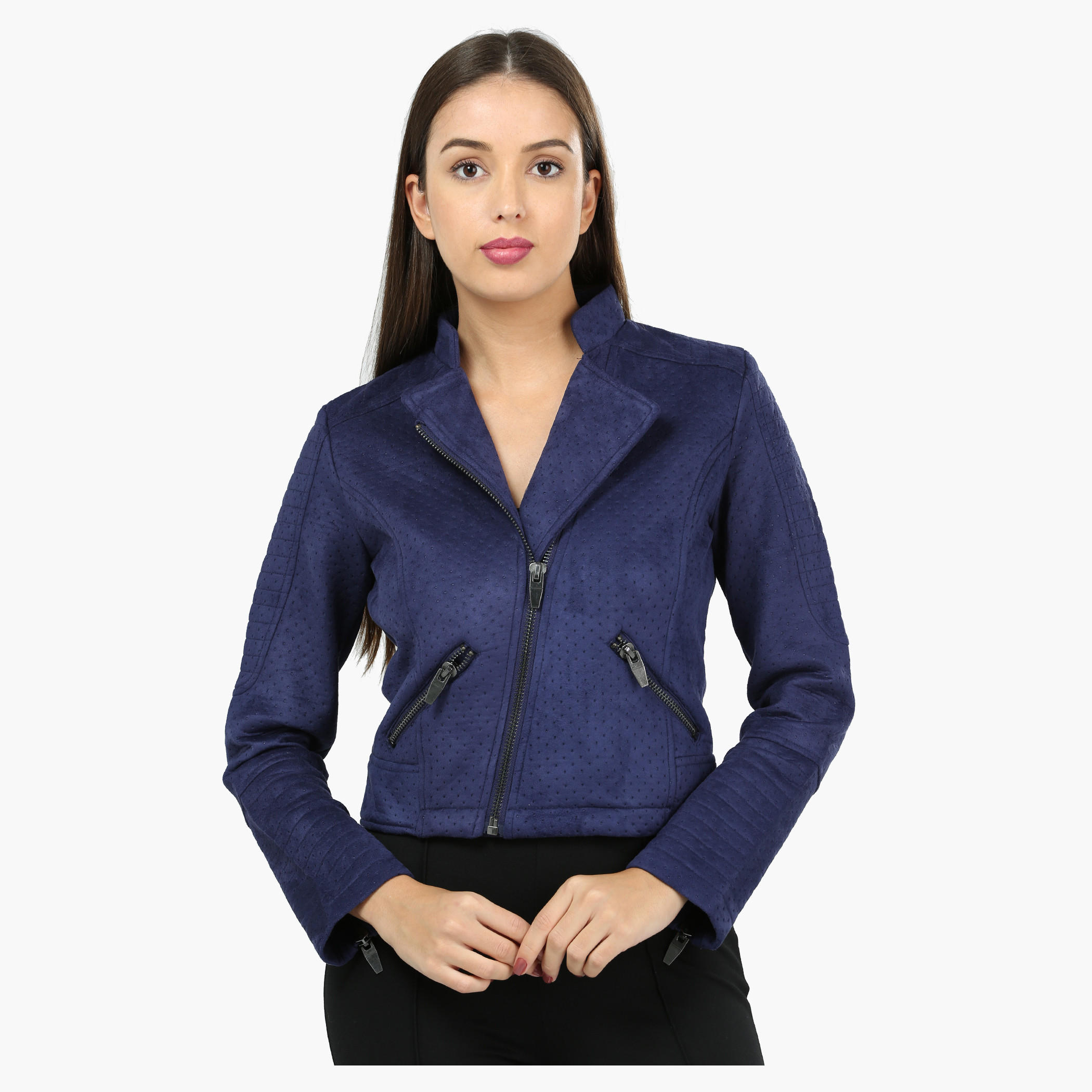 Perforated Biker Jacket with Zip Detail-women-winterwear-coatsandjackets-jackets-image-1