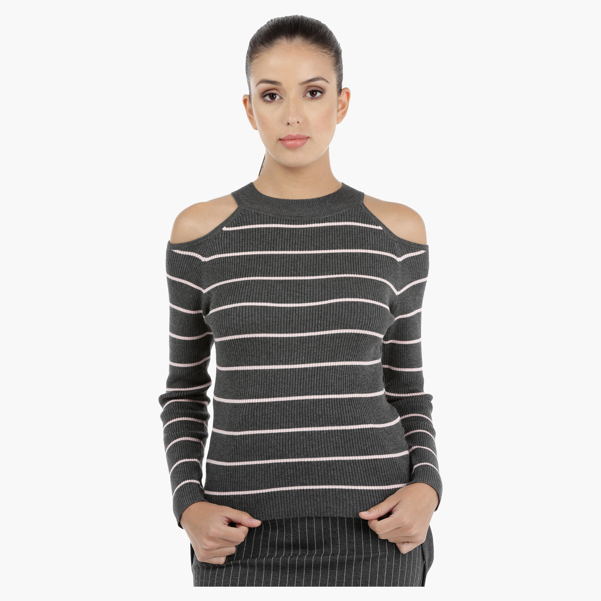 Striped Cold Shoulder Top with Ribbed Detail-women-clothing-shirtsandblouses-blouses-image-1