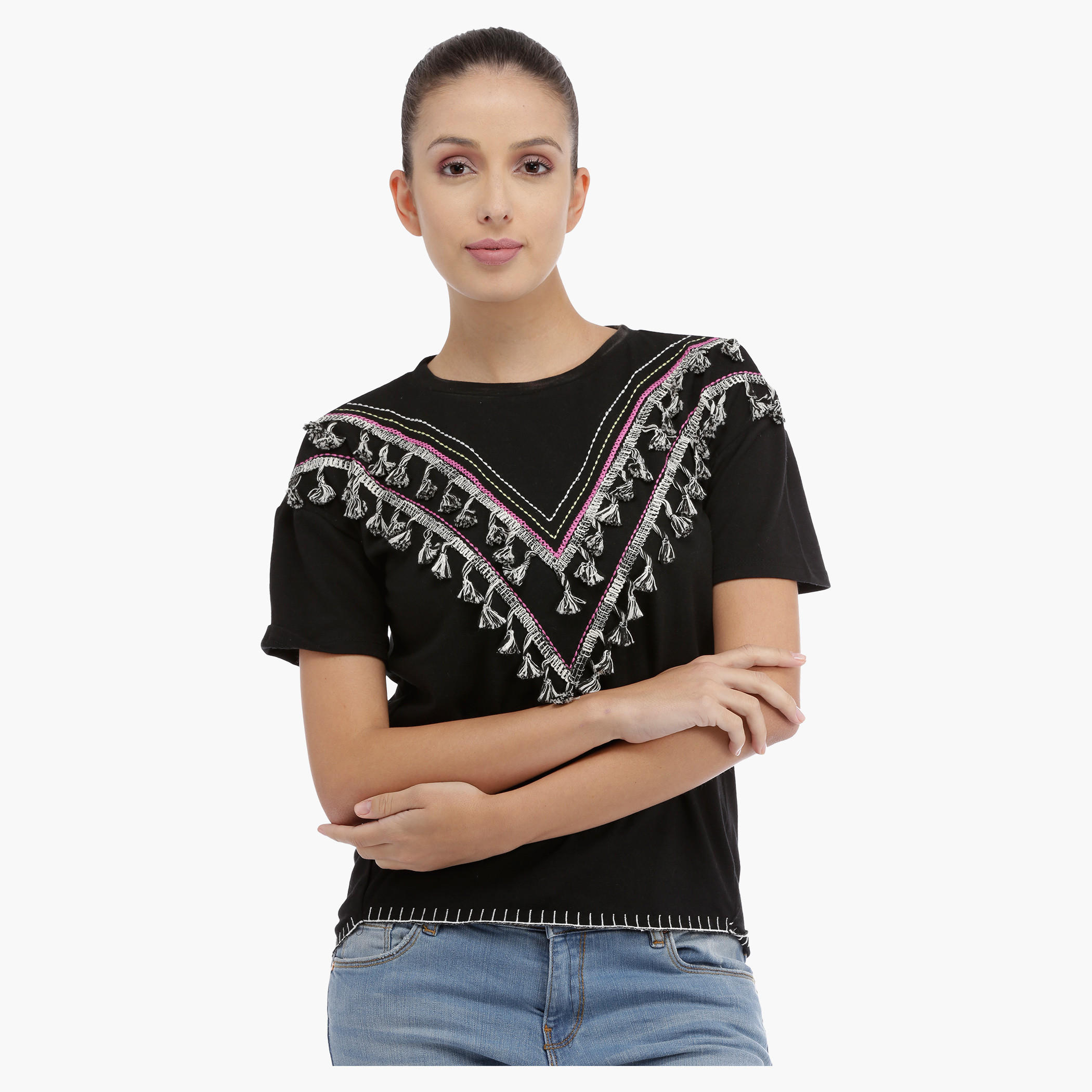 Short Sleeves T-shirt with Tassels-women-clothing-tshirts-image-1