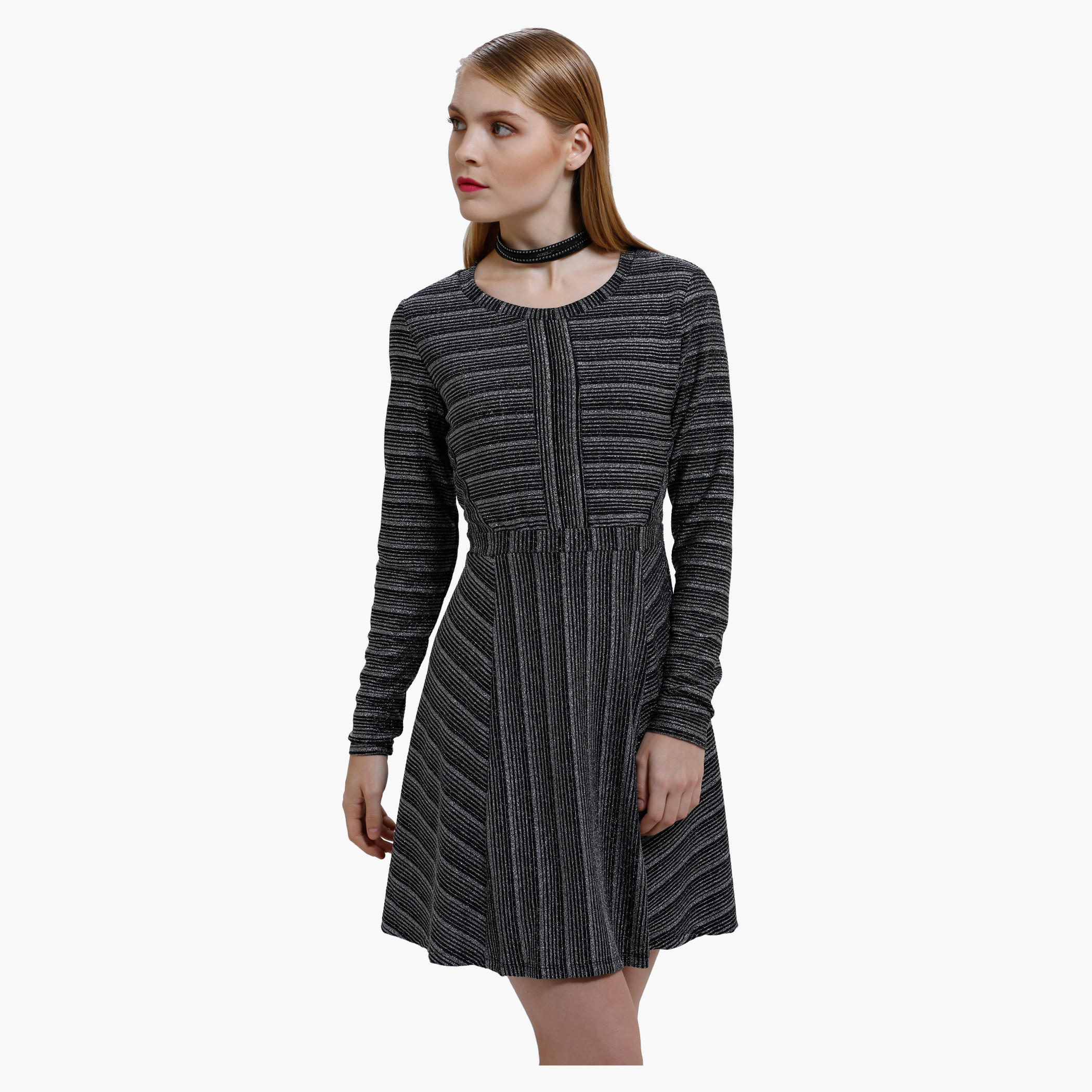 Flare Dress with Round Neck and Long Sleeves-women-clothing-dresses-image-1