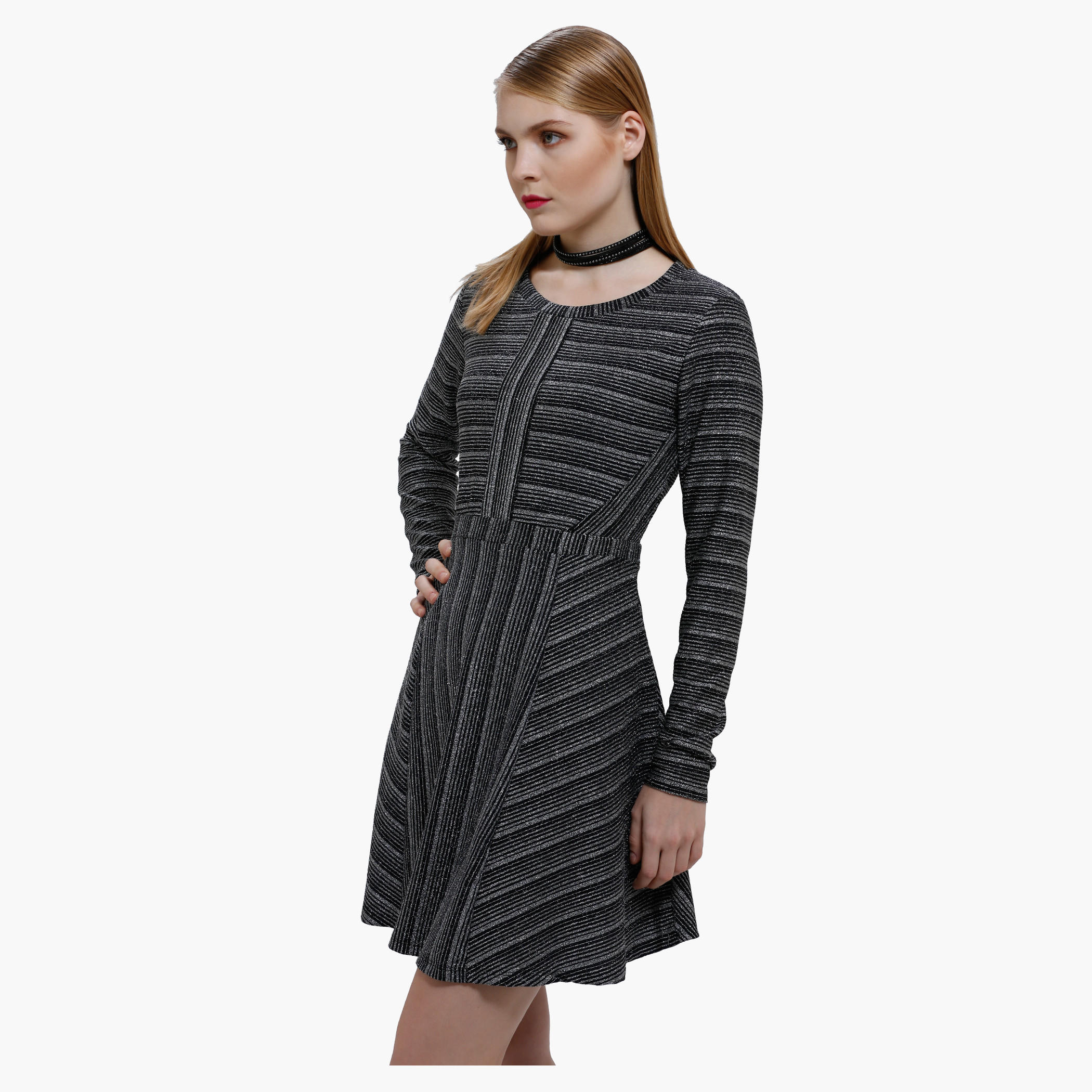 Flare Dress with Round Neck and Long Sleeves-women-clothing-dresses-image-3
