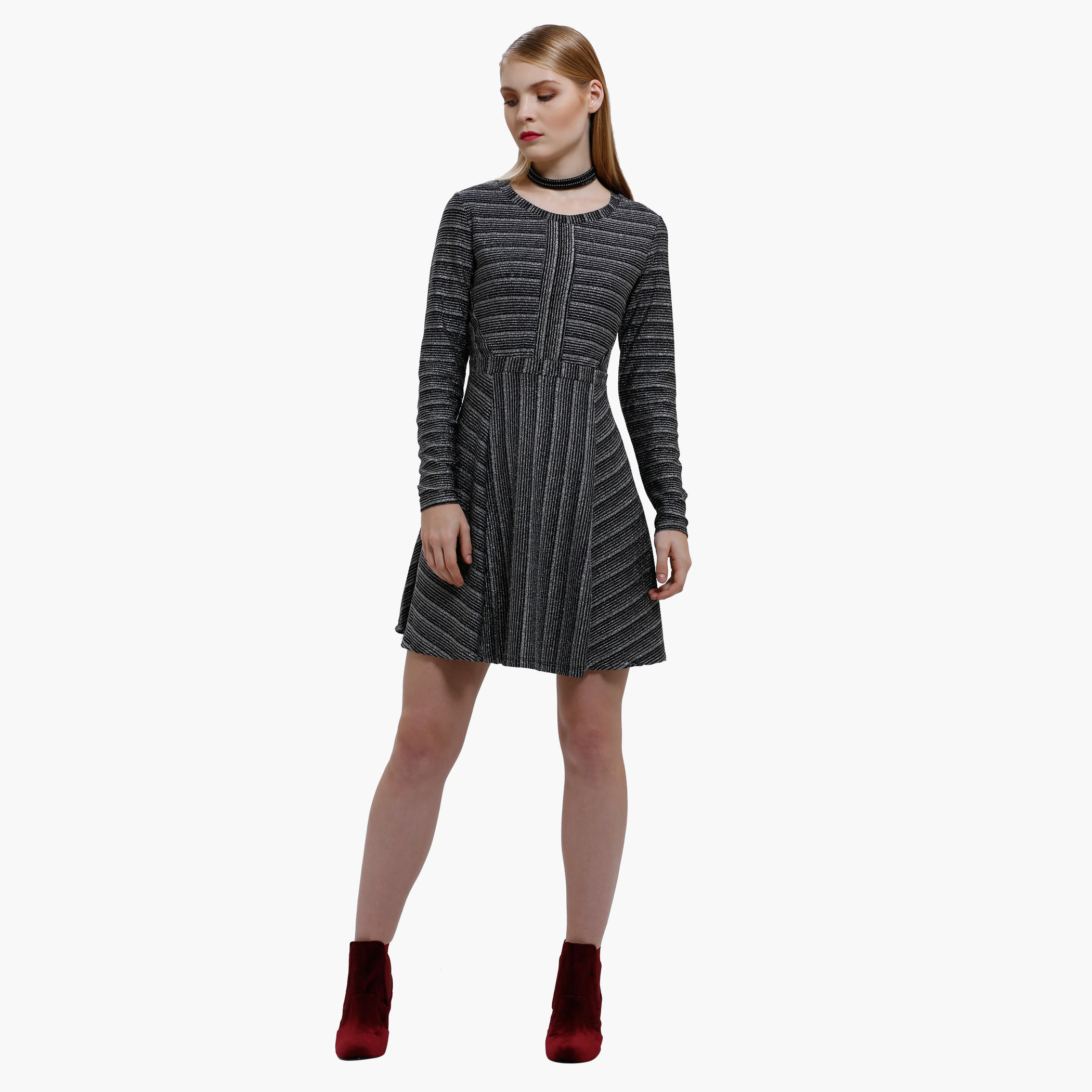 Flare Dress with Round Neck and Long Sleeves-women-clothing-dresses-image-5
