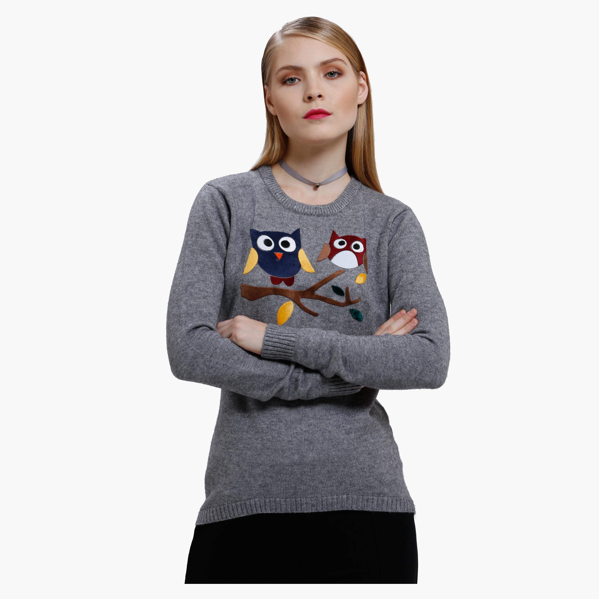 Graphic Print Sweat Top with Round Neck and Long Sleeves-women-clothing-cardigansandjumpers-jumpers-image-1