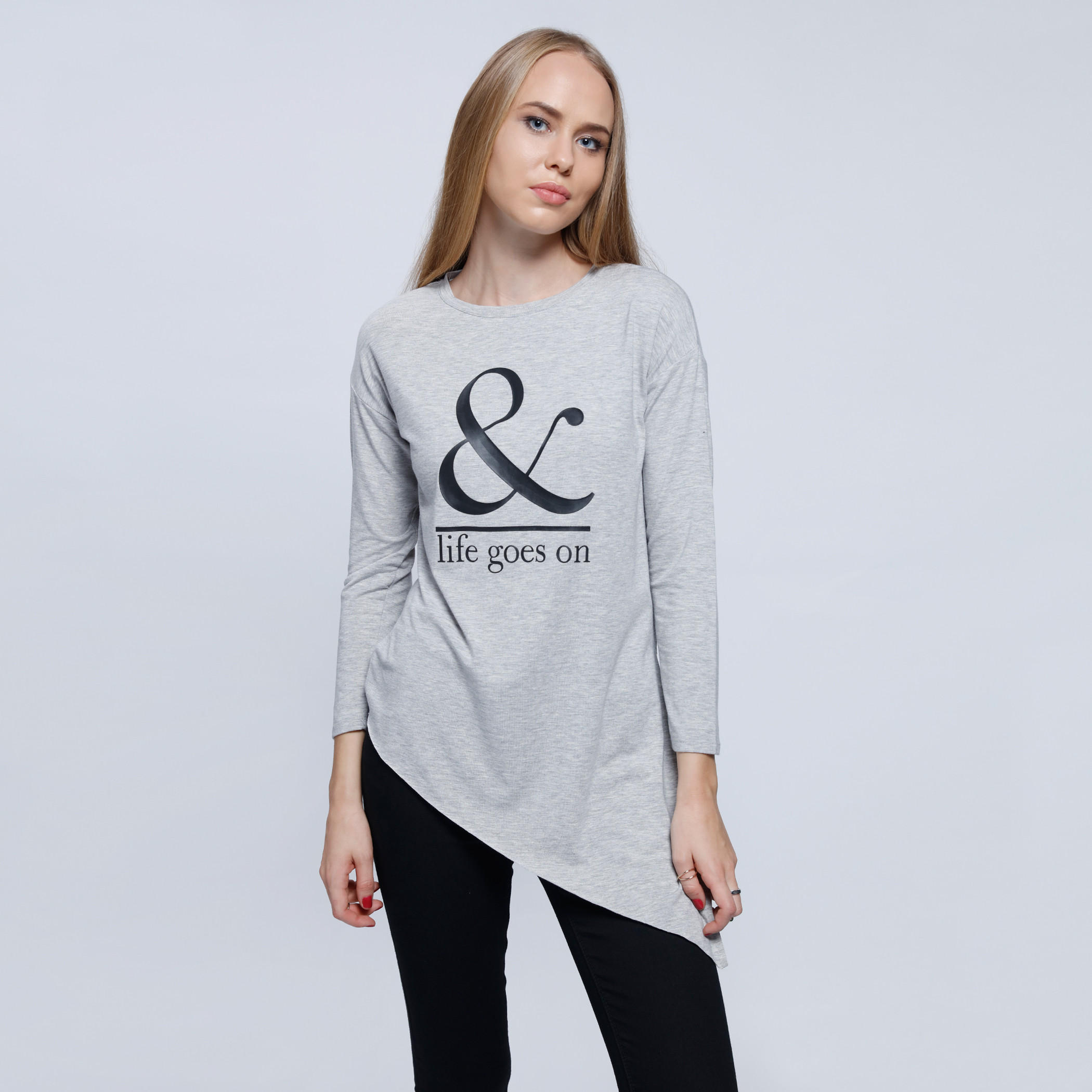 Graphic Print T-Shirt with Round Neck and Asymmetric Hem-women-clothing-tshirts-image-1