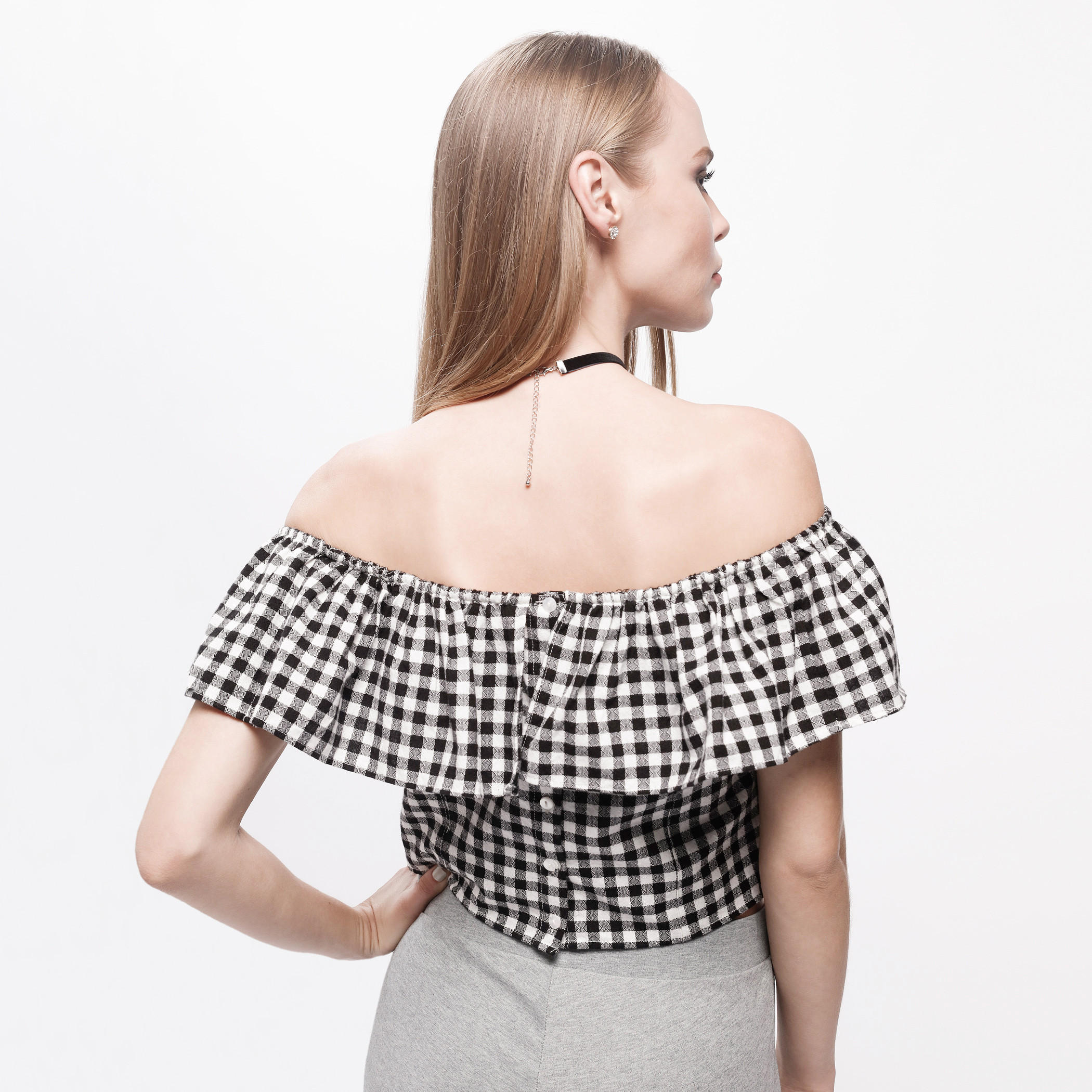 Chequered Crop Top with Off Shoulder Pattern-women-clothing-shirtsandblouses-blouses-image-2