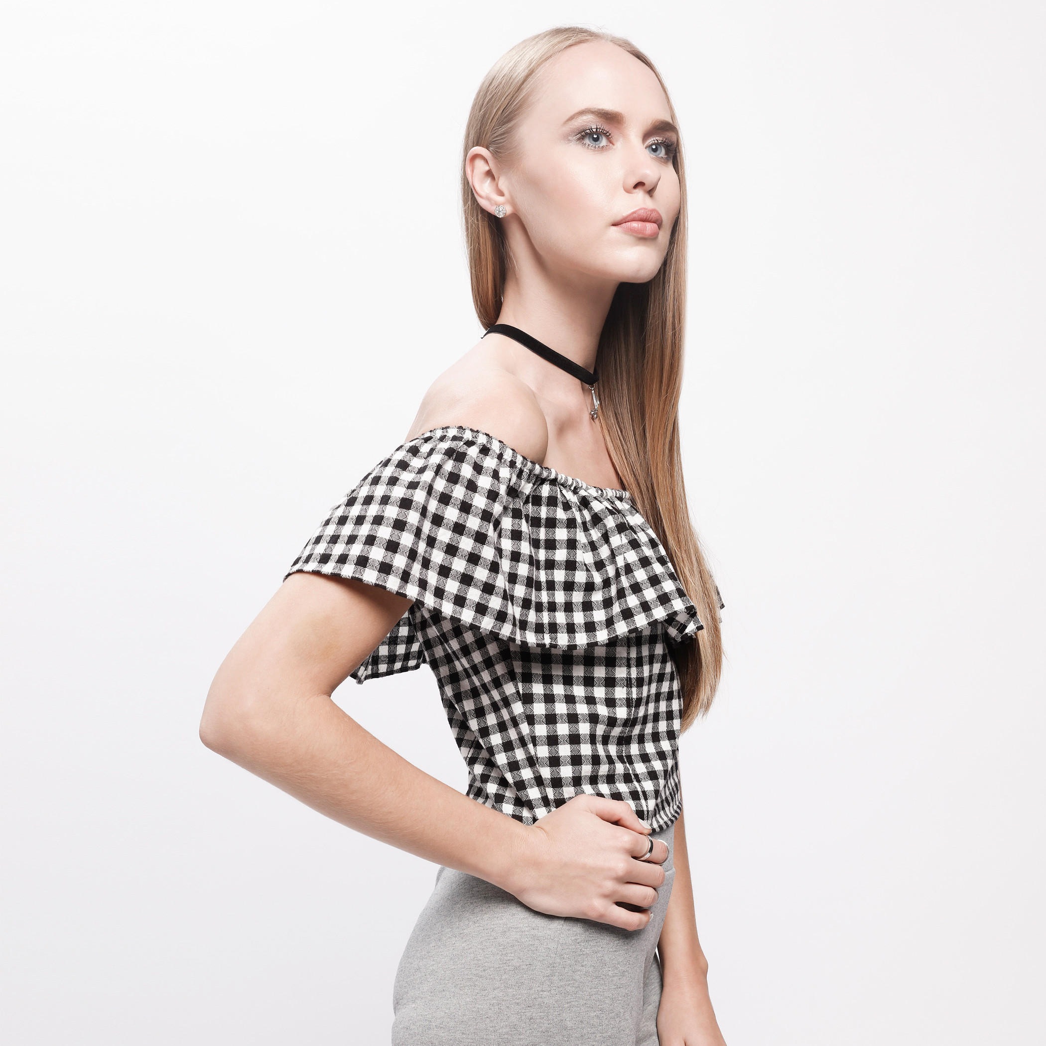 Chequered Crop Top with Off Shoulder Pattern-women-clothing-shirtsandblouses-blouses-image-3