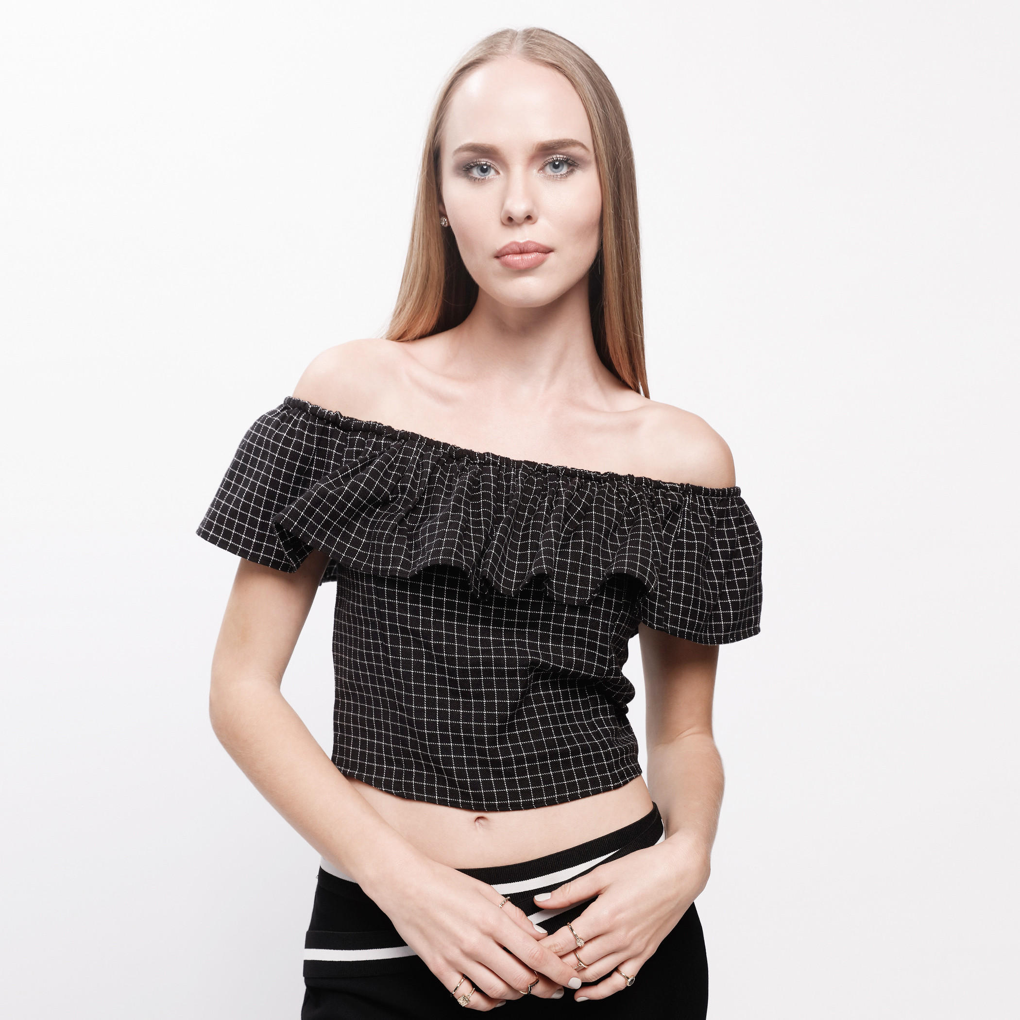 Chequered Crop Top with Off Shoulder Pattern-women-clothing-shirtsandblouses-blouses-image-6
