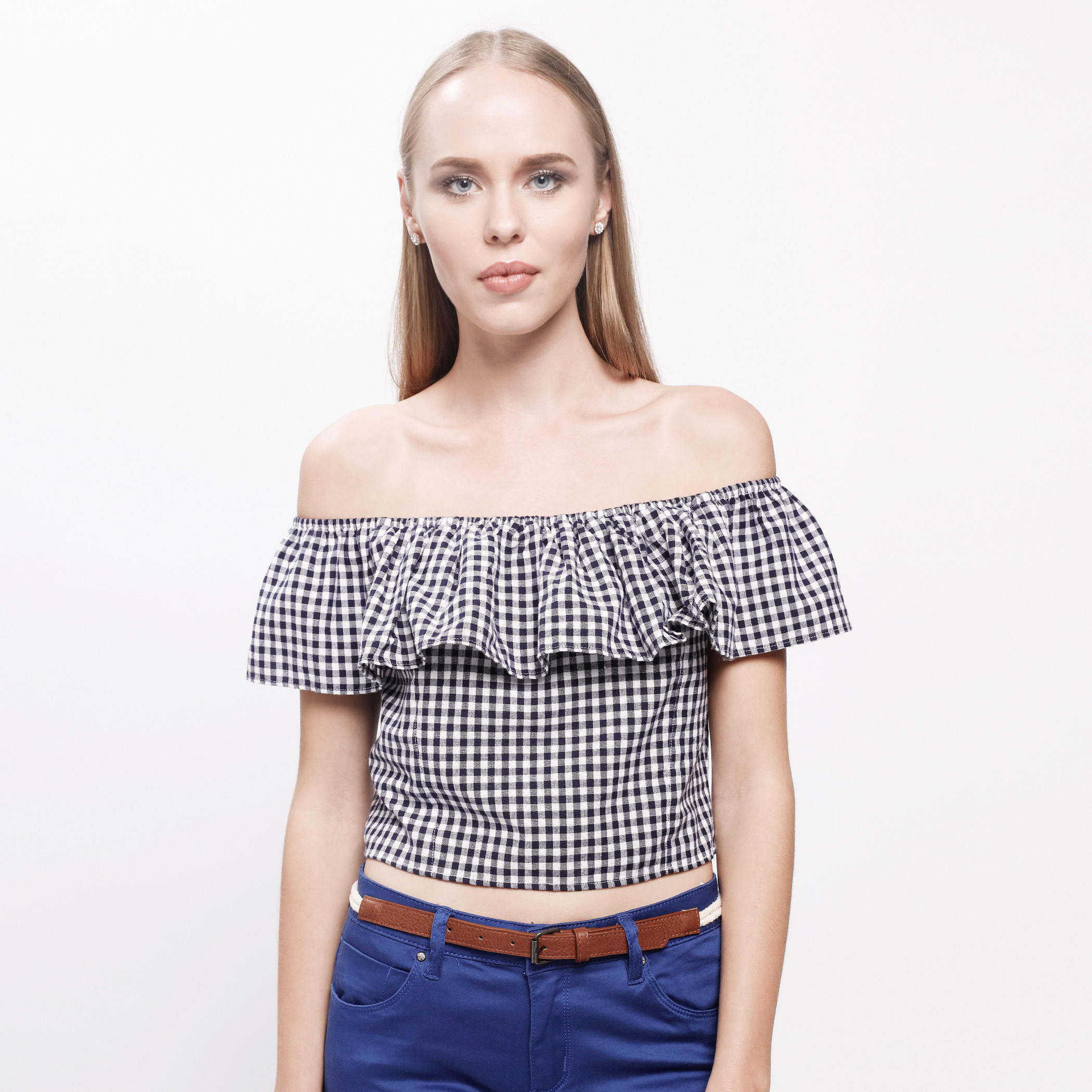 Chequered Crop Top with Off Shoulder Pattern-women-clothing-shirtsandblouses-blouses-image-11