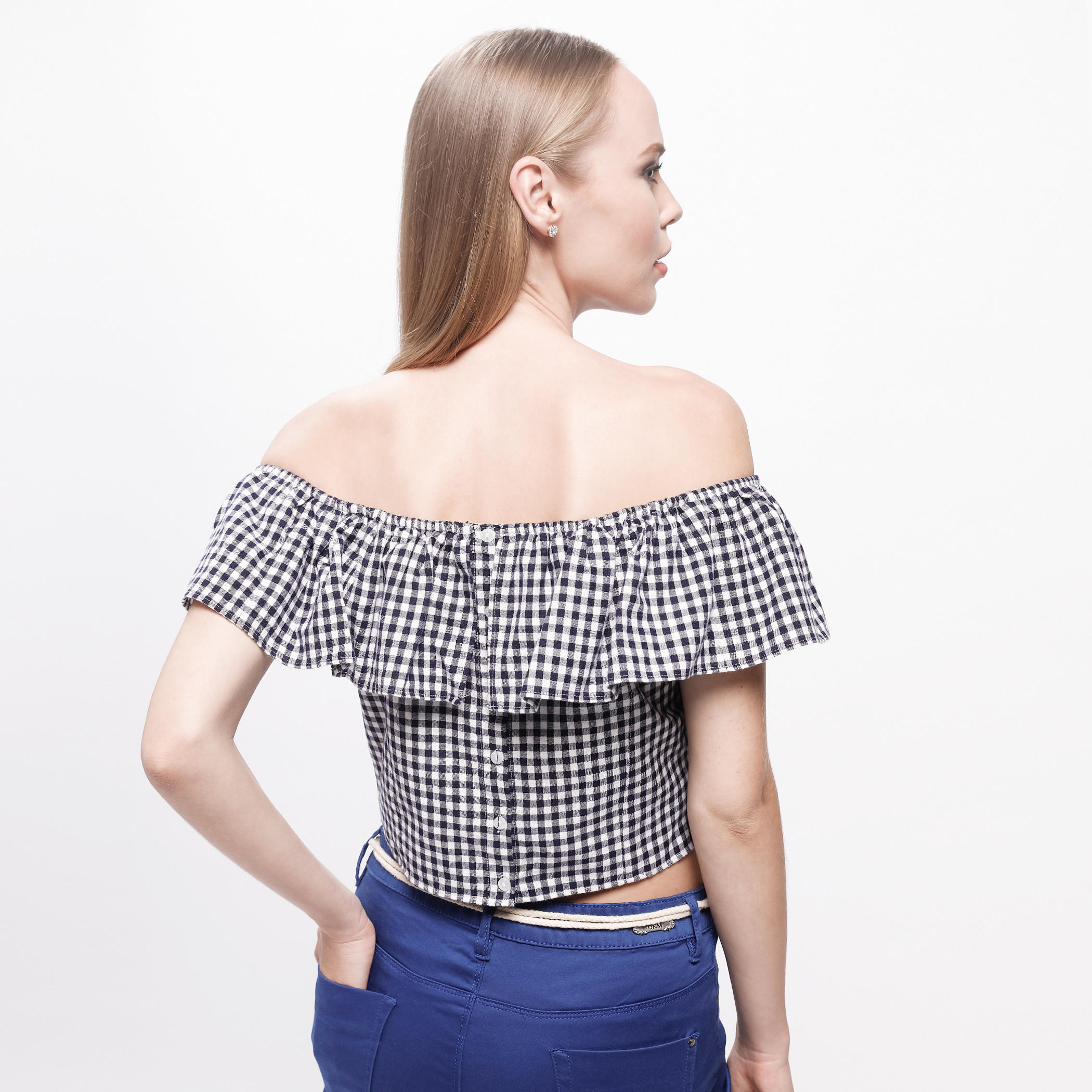 Chequered Crop Top with Off Shoulder Pattern-women-clothing-shirtsandblouses-blouses-image-12