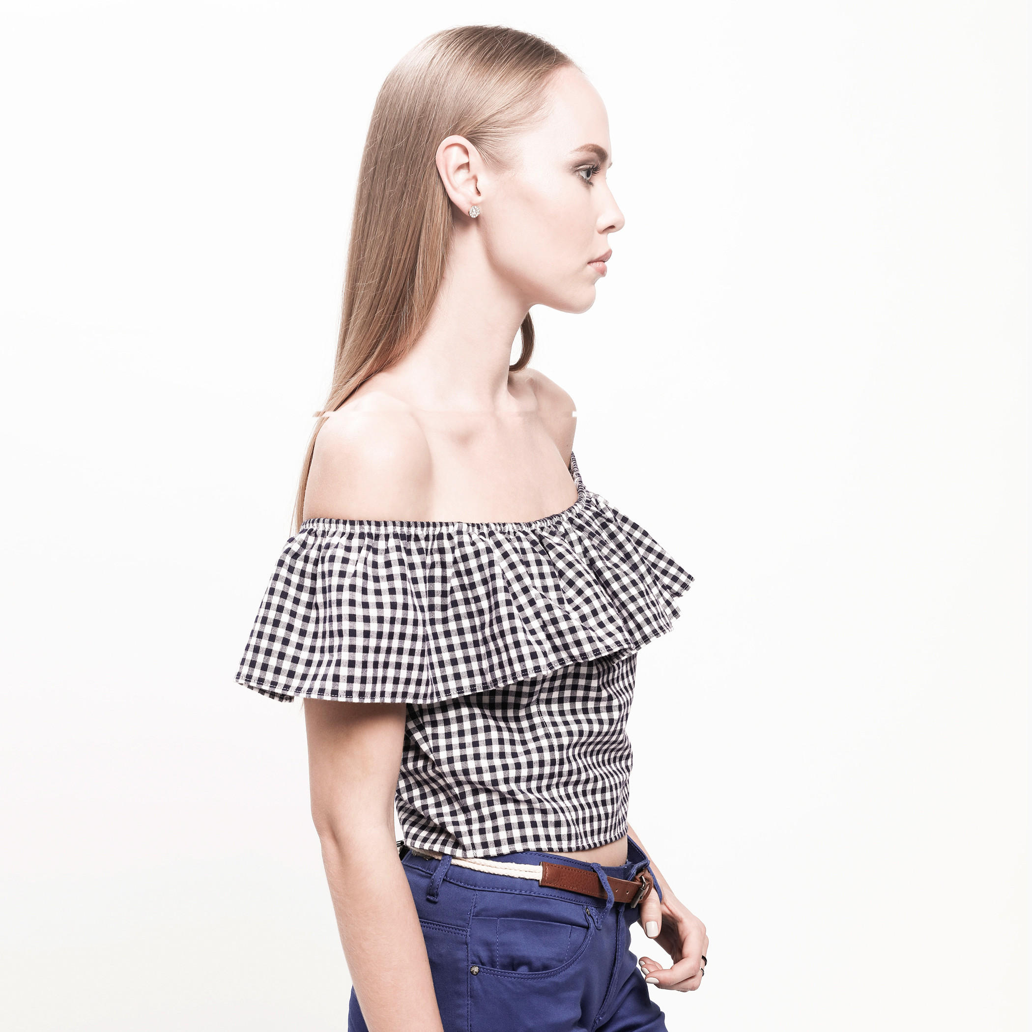 Chequered Crop Top with Off Shoulder Pattern-women-clothing-shirtsandblouses-blouses-image-13