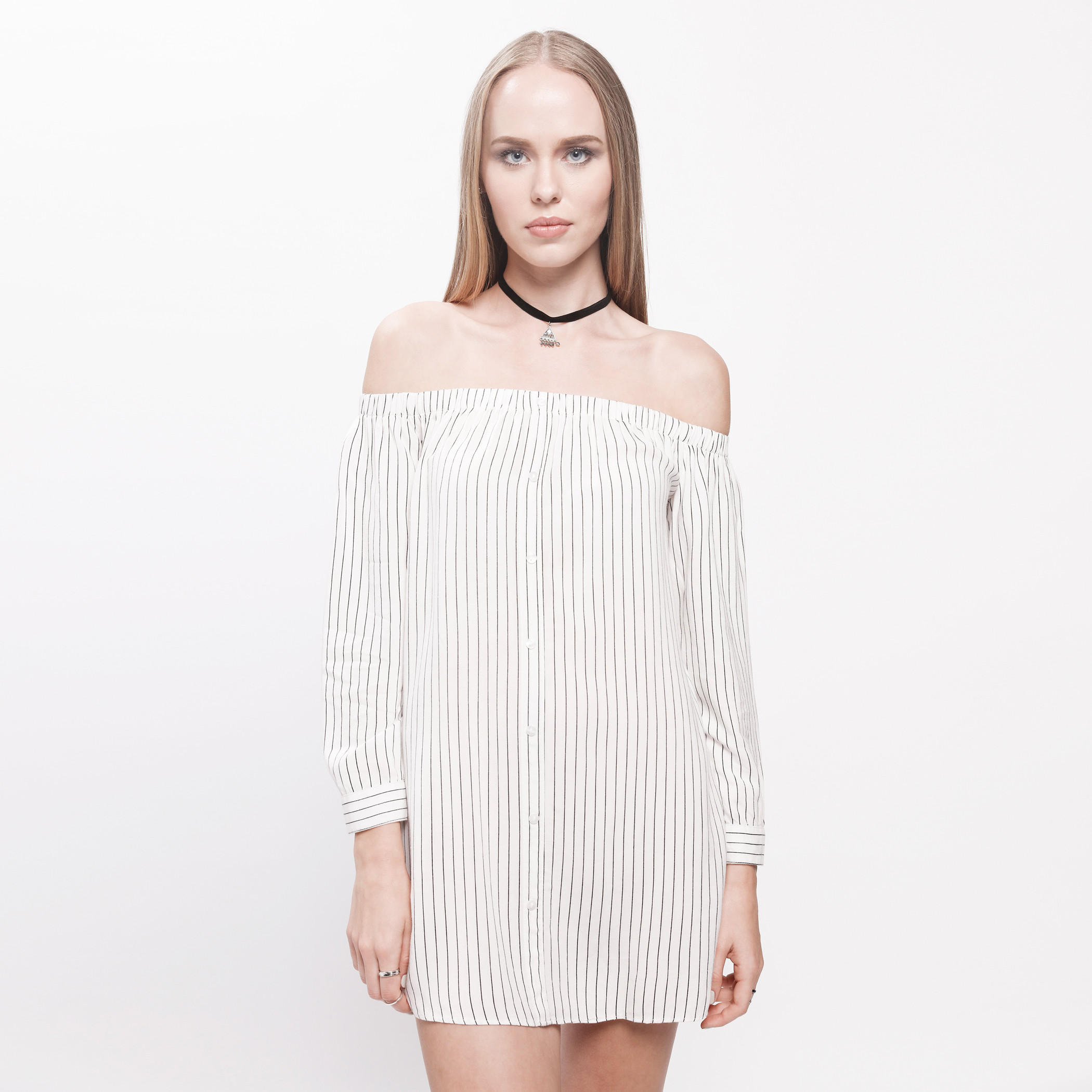 Striped Dress with Off Shoulder Pattern and Long Sleeves-women-clothing-dresses-image-1