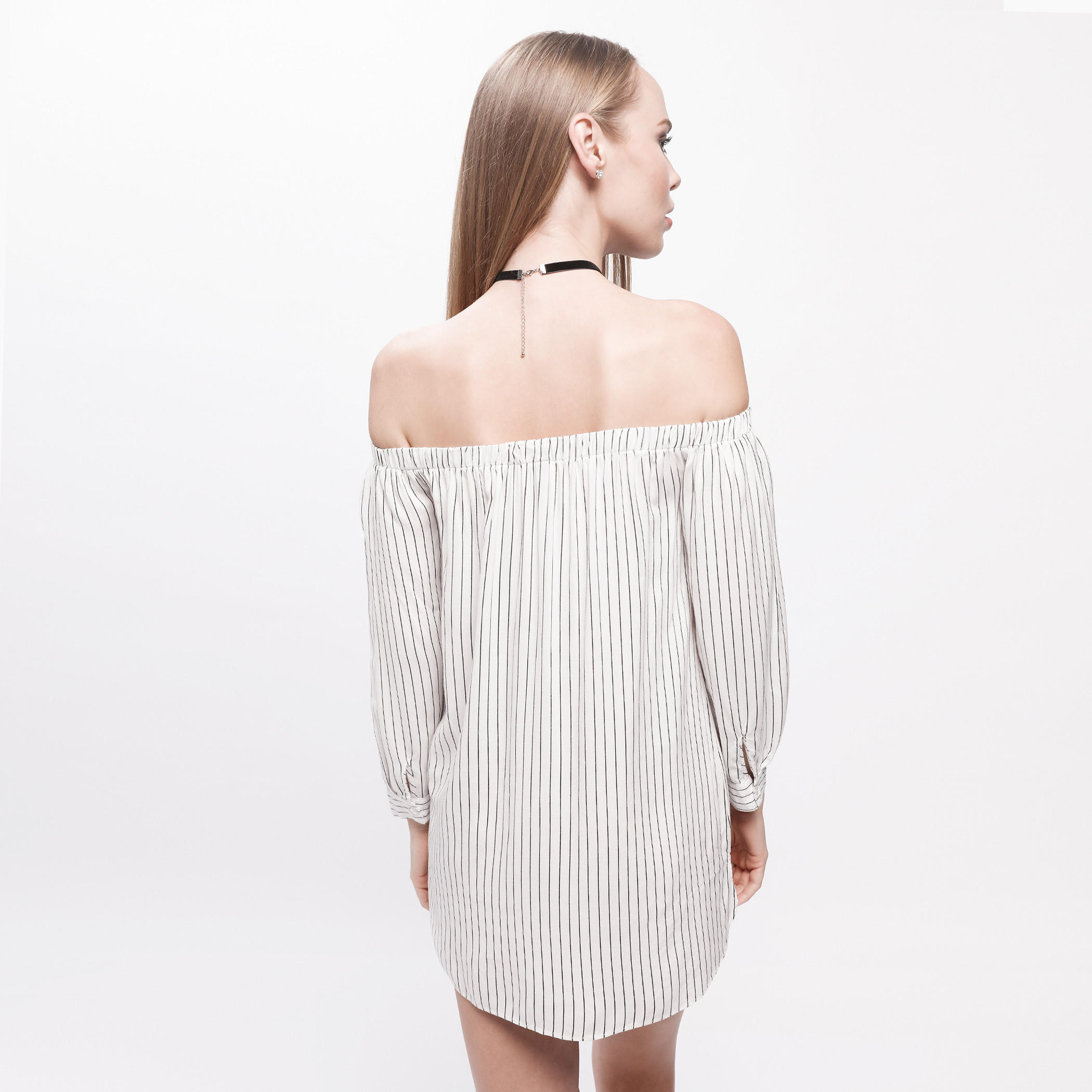 Striped Dress with Off Shoulder Pattern and Long Sleeves-women-clothing-dresses-image-2