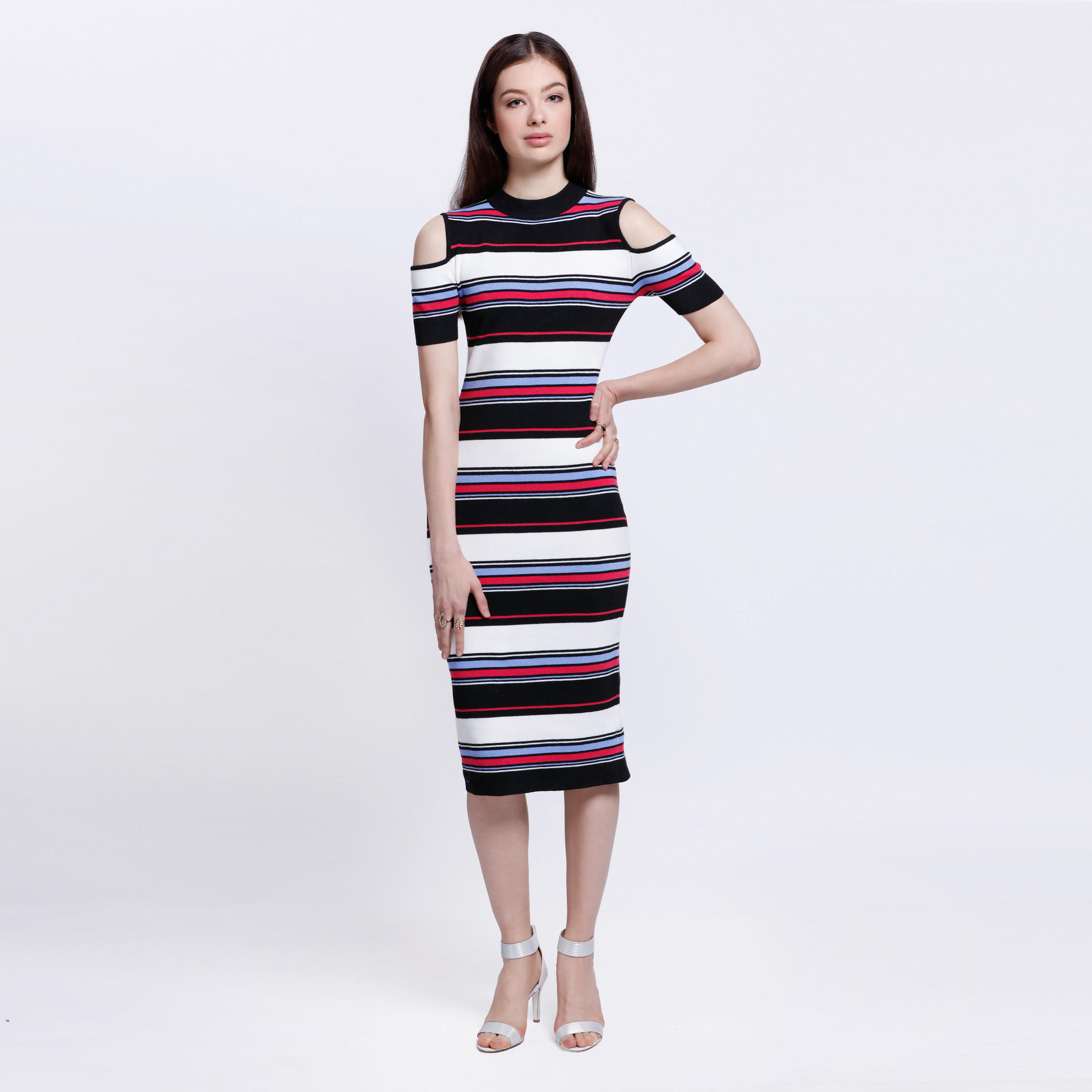 Striped Cold Shoulder Dress with High Neck-women-clothing-dresses-image-1