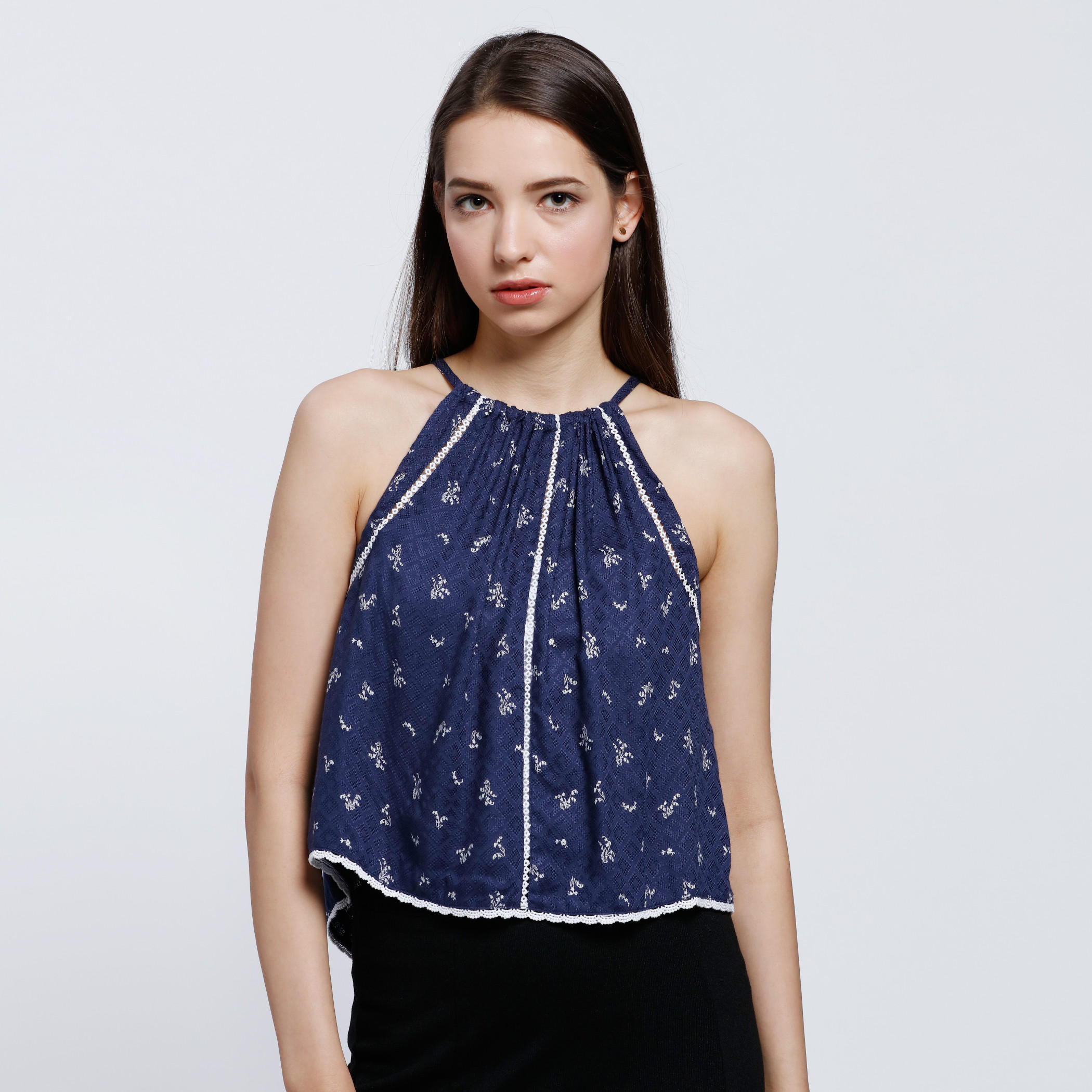 Printed Bubble Trim Top with Tie Up Back-women-clothing-shirtsandblouses-blouses-image-1
