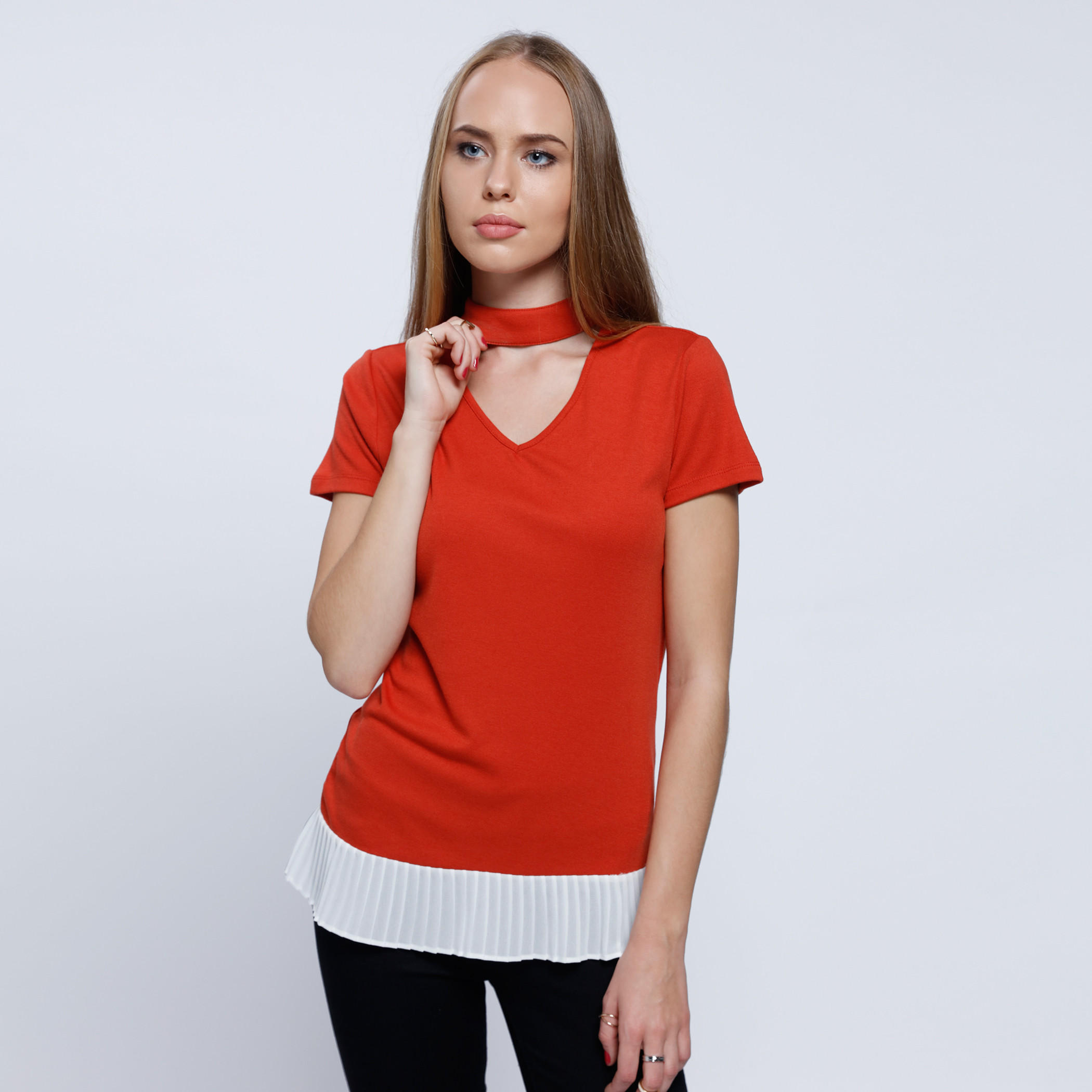 Double Layer Top with Choker Neck and Short Sleeves-women-clothing-tshirts-image-1