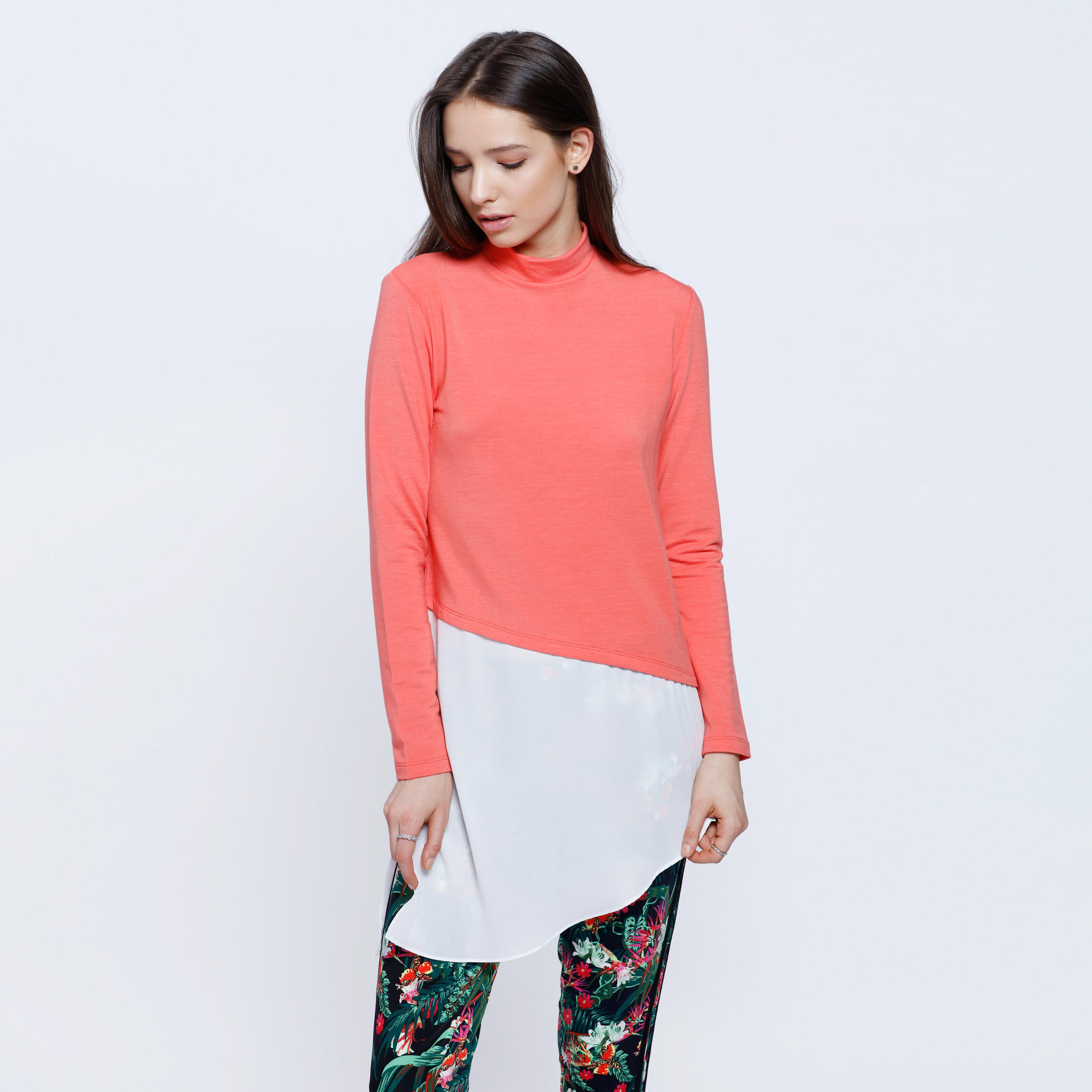 Double Layer Asymmetric Top with Turtle Neck and Long Sleeves-women-clothing-tshirts-image-5