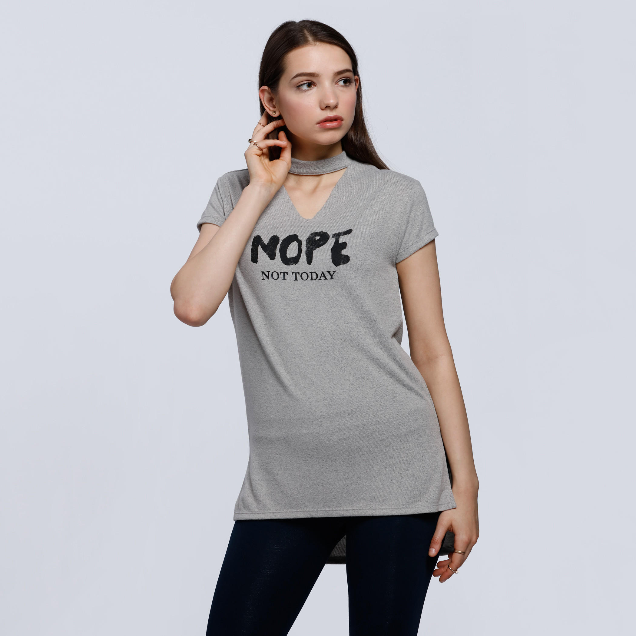 Printed T-Shirt with Choker Neck and Short Sleeves-women-clothing-tshirts-image-1