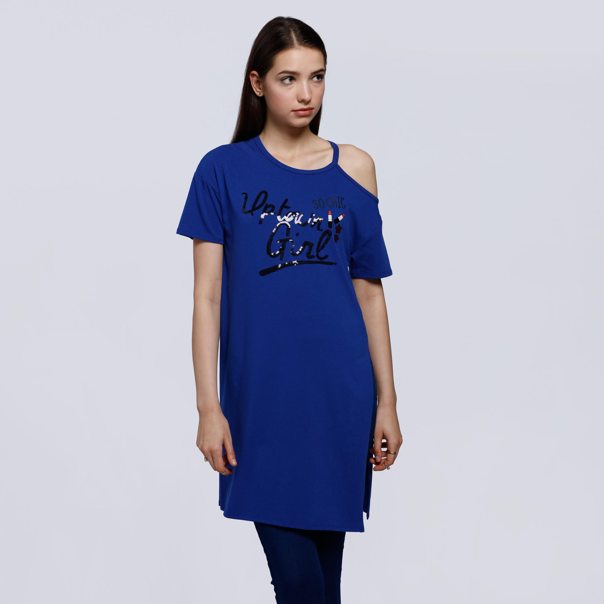 Printed T-Shirt with Cut Out Shoulder-women-clothing-tshirts-image-1