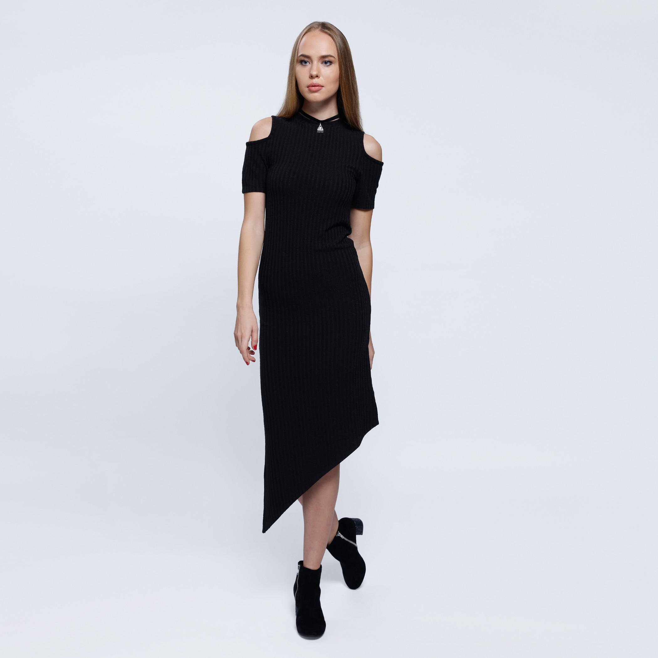 Asymetrical Midi Dress with Cold Shoulders-women-clothing-dresses-image-1